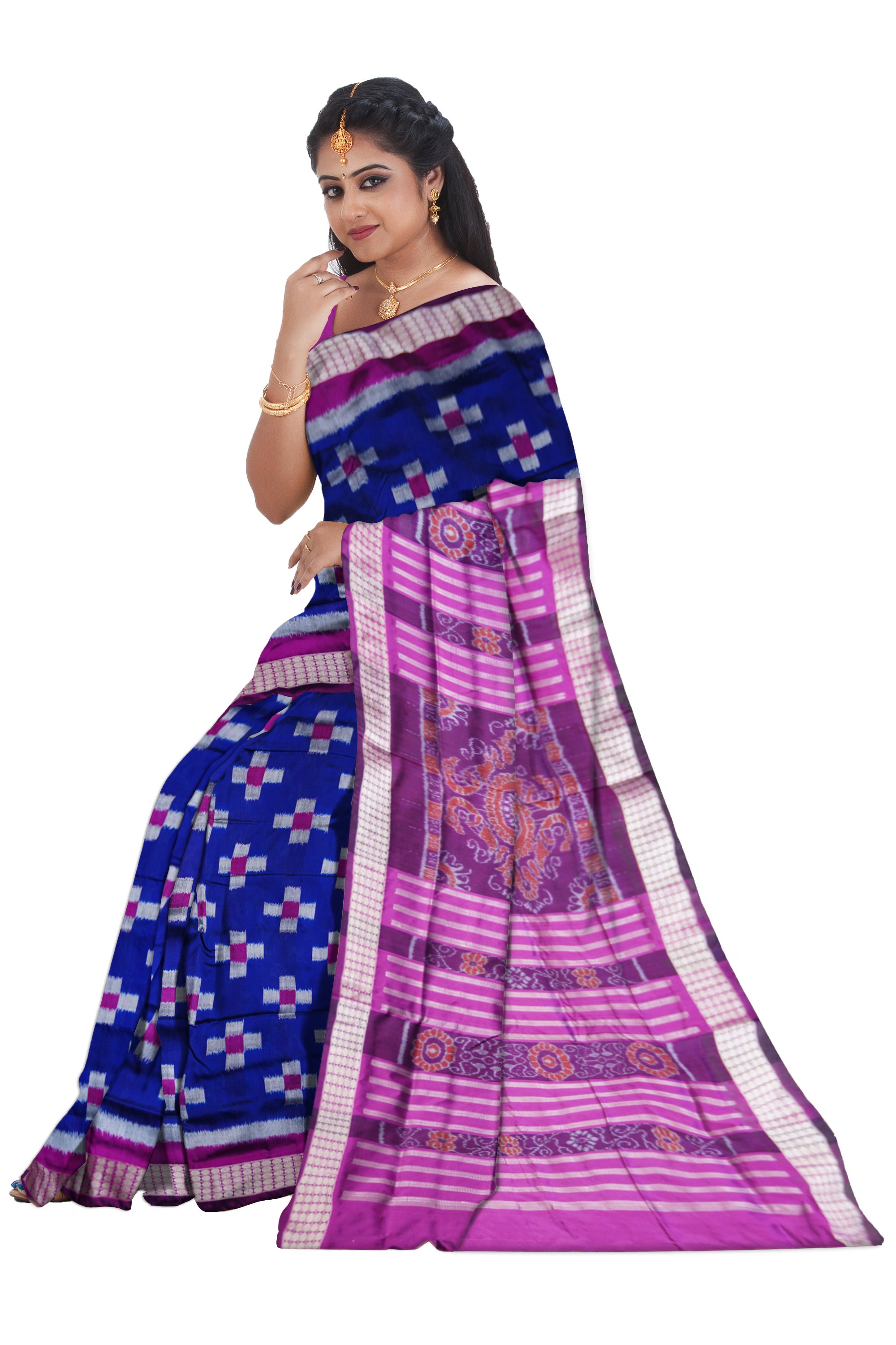 BLUE AND PINK COLOR TARA PATTERN PATA SAREE , WITH MATCHING BLOUSE PIECE. - Koshali Arts & Crafts Enterprise