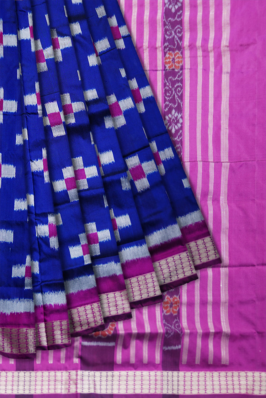 BLUE AND PINK COLOR TARA PATTERN PATA SAREE , WITH MATCHING BLOUSE PIECE. - Koshali Arts & Crafts Enterprise