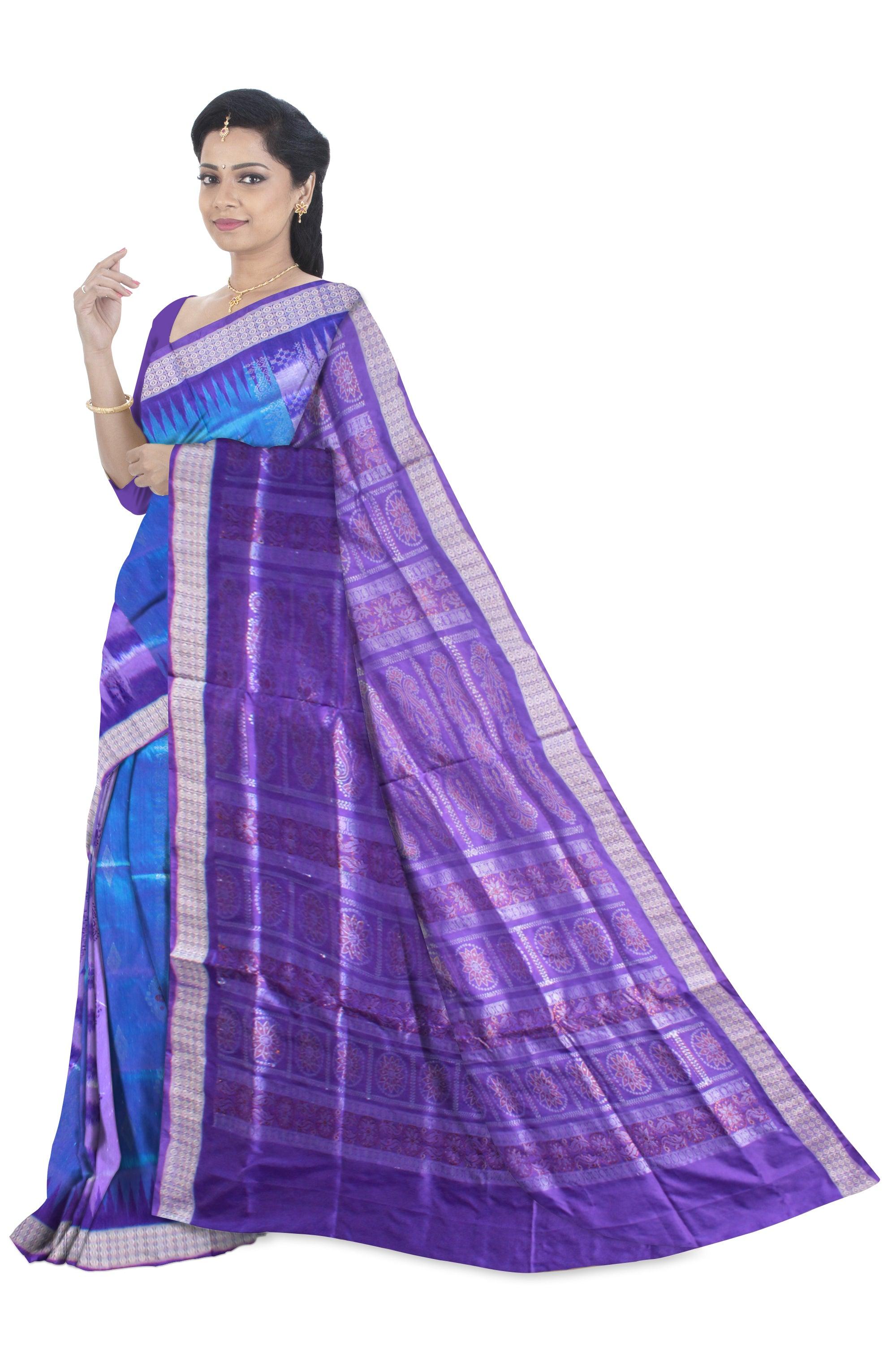 A BOMKEI PATA SAREE IS LIGHT SKY , BLUE AND SILVER COLOR  , ATTACHED WITH SKY BLOUSE PIECE. - Koshali Arts & Crafts Enterprise