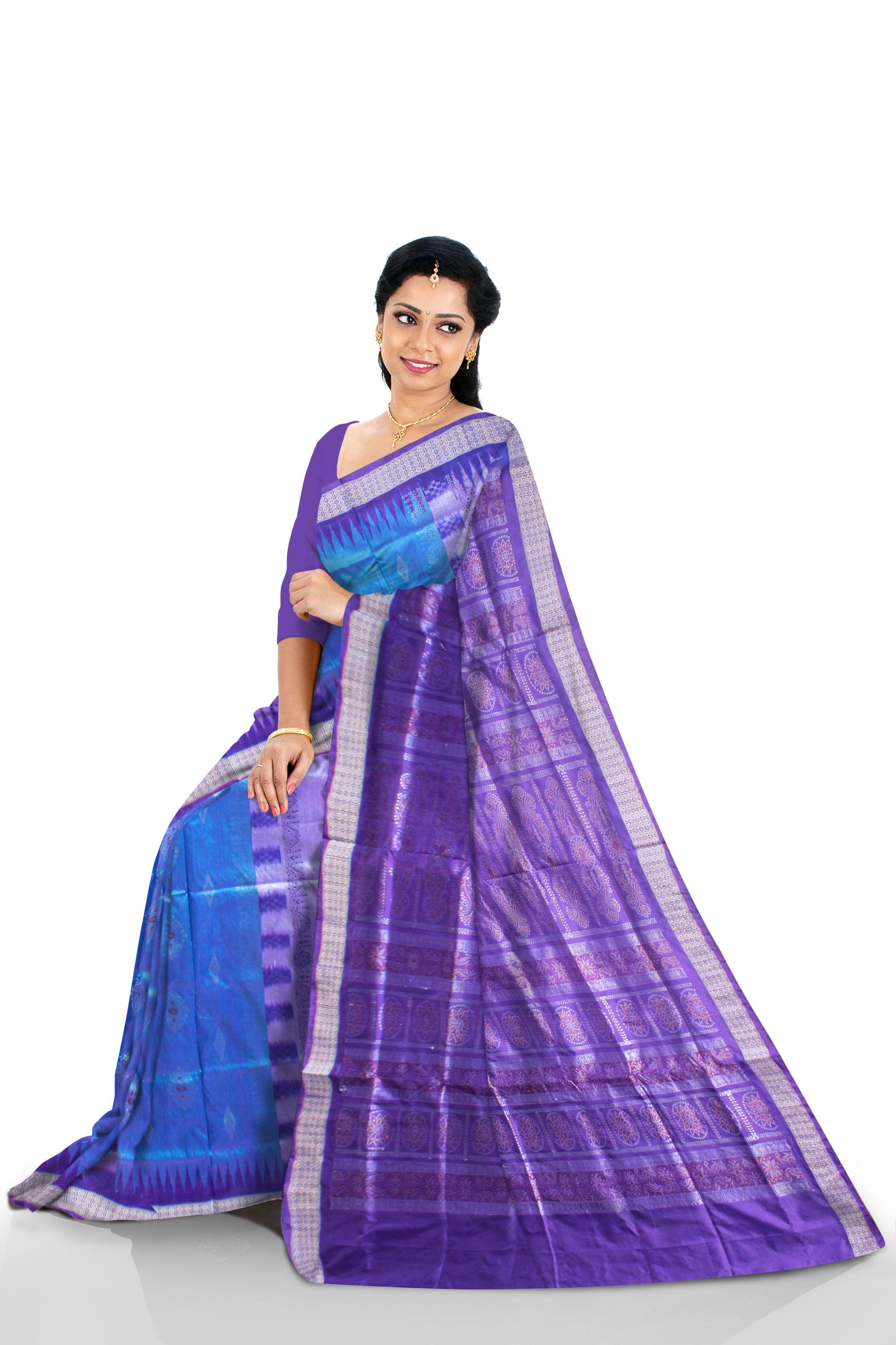 A BOMKEI PATA SAREE IS LIGHT SKY , BLUE AND SILVER COLOR  , ATTACHED WITH SKY BLOUSE PIECE. - Koshali Arts & Crafts Enterprise