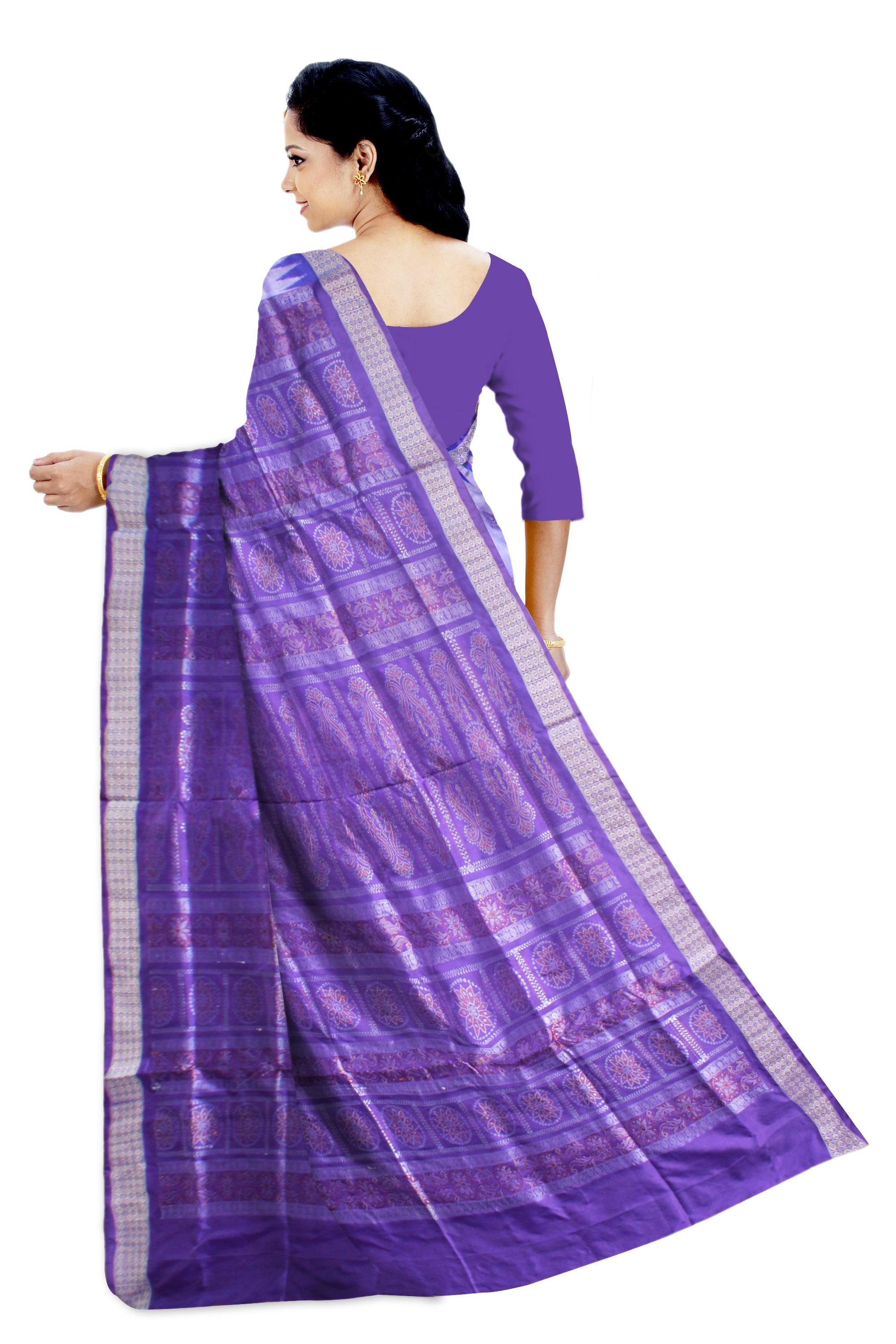 A BOMKEI PATA SAREE IS LIGHT SKY , BLUE AND SILVER COLOR , ATTACHED WITH SKY BLOUSE PIECE. - Koshali Arts & Crafts Enterprise