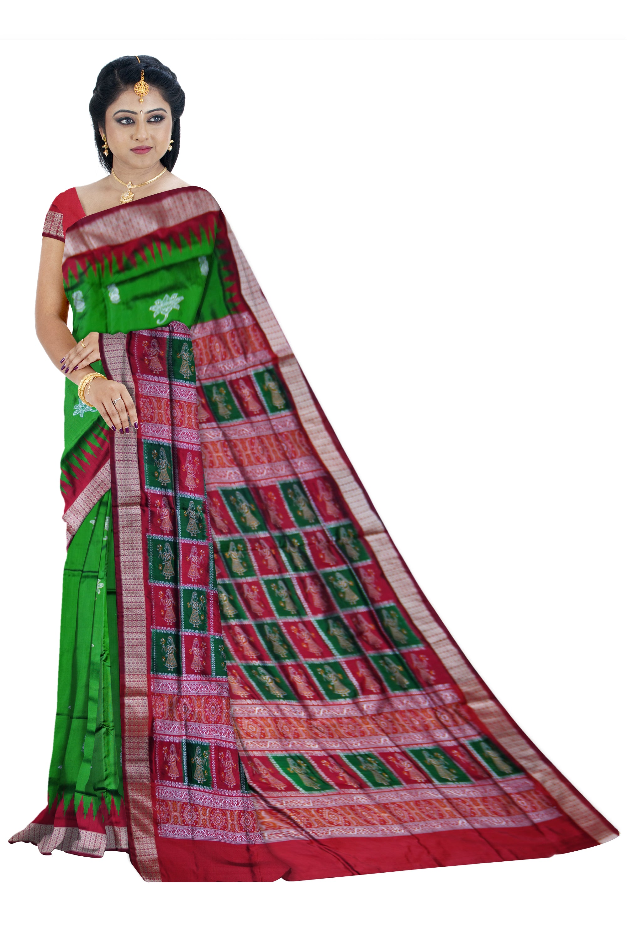 BEAUTIFUL LOTUS PATTERN PATA SAREE IS GREEN AND MAROON COLOR BASE,ATTACHED WITH MATCHING BLOUSE PIECE. - Koshali Arts & Crafts Enterprise