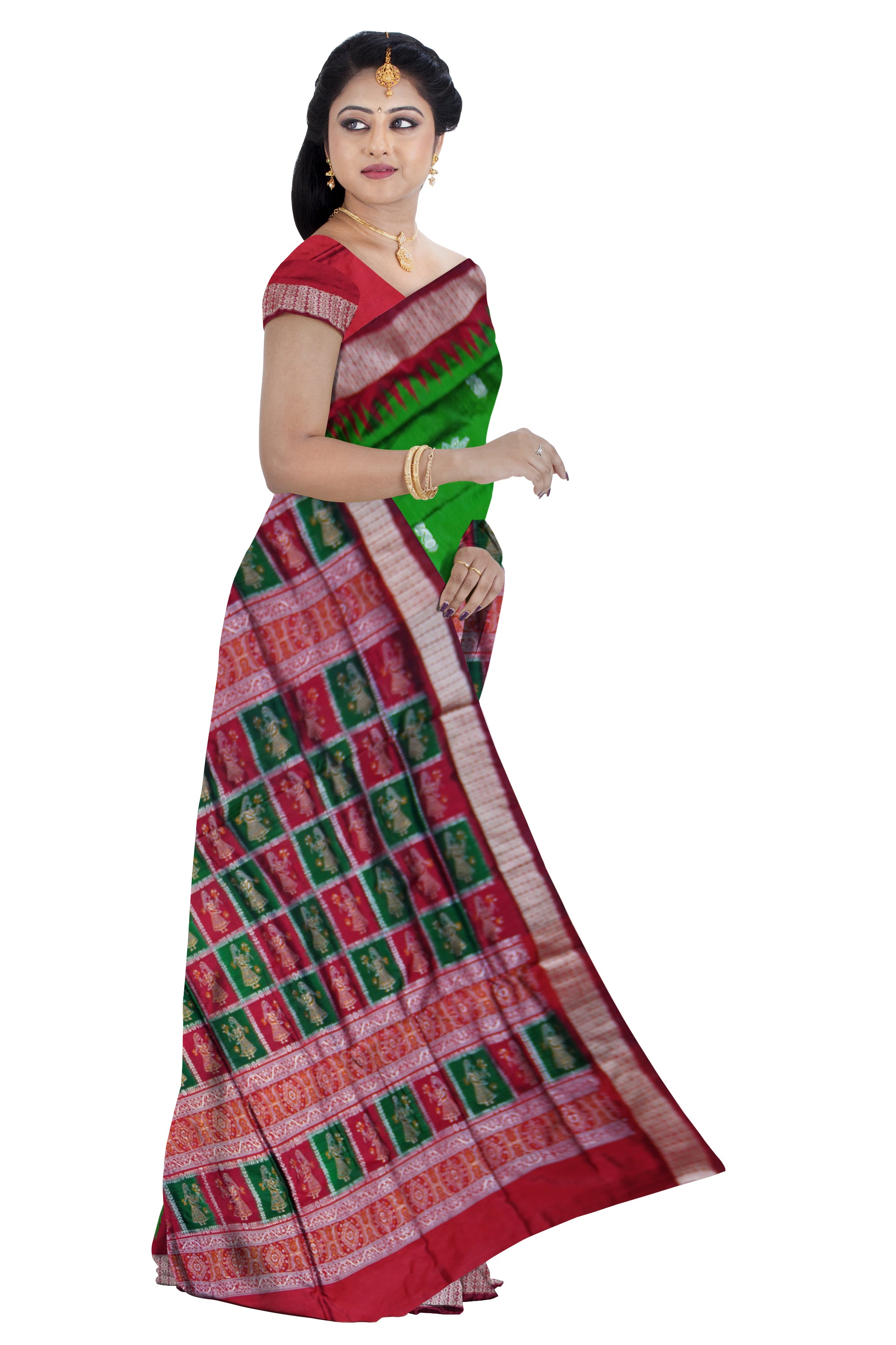 BEAUTIFUL LOTUS PATTERN PATA SAREE IS GREEN AND MAROON COLOR BASE,ATTACHED WITH MATCHING BLOUSE PIECE. - Koshali Arts & Crafts Enterprise