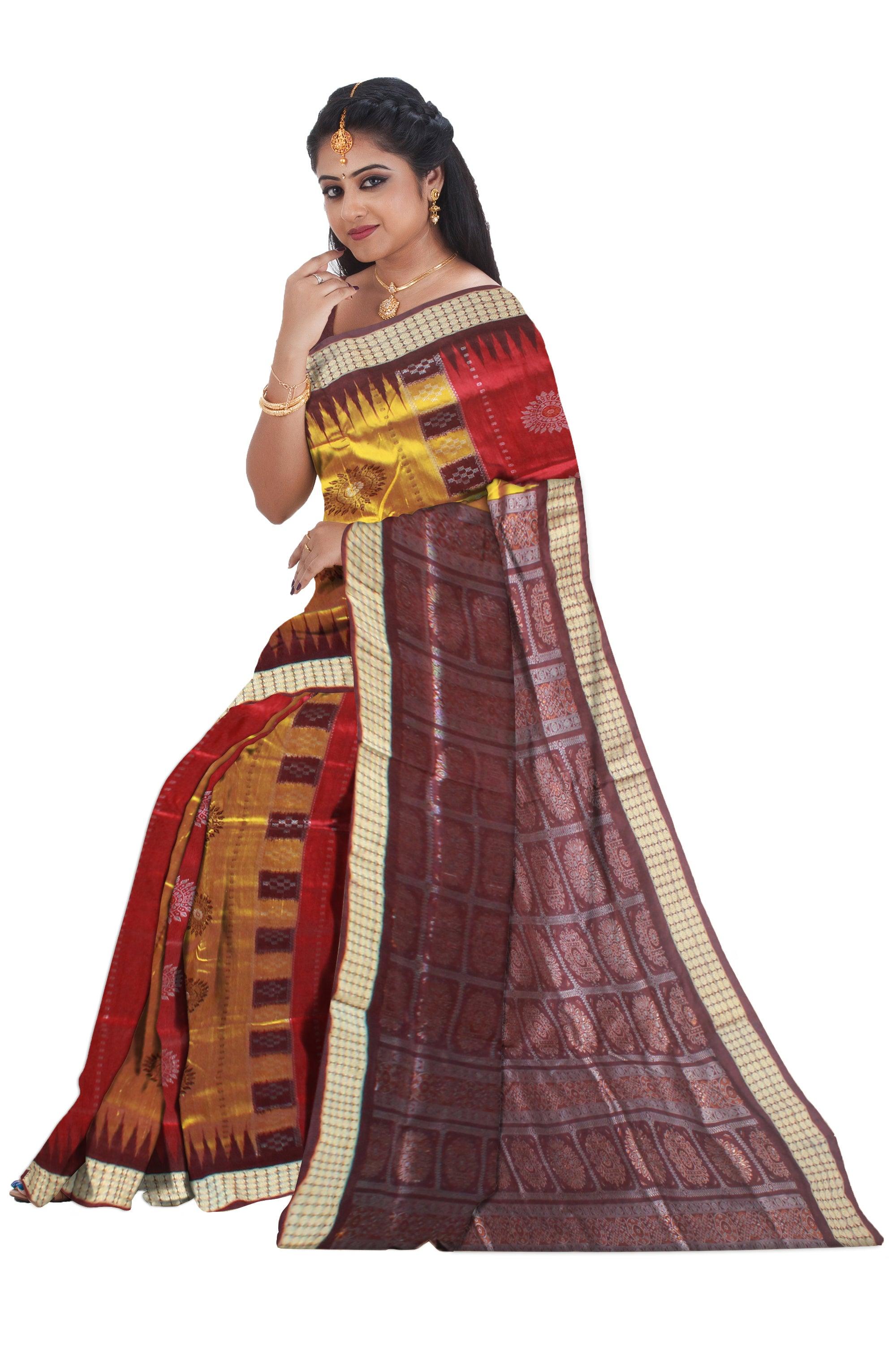 PASAPALI BOMKEI PATA SAREE IN YELLOW AND MAROON COLOR BASE, WITH MATCHING BLOUSE PIECE. - Koshali Arts & Crafts Enterprise