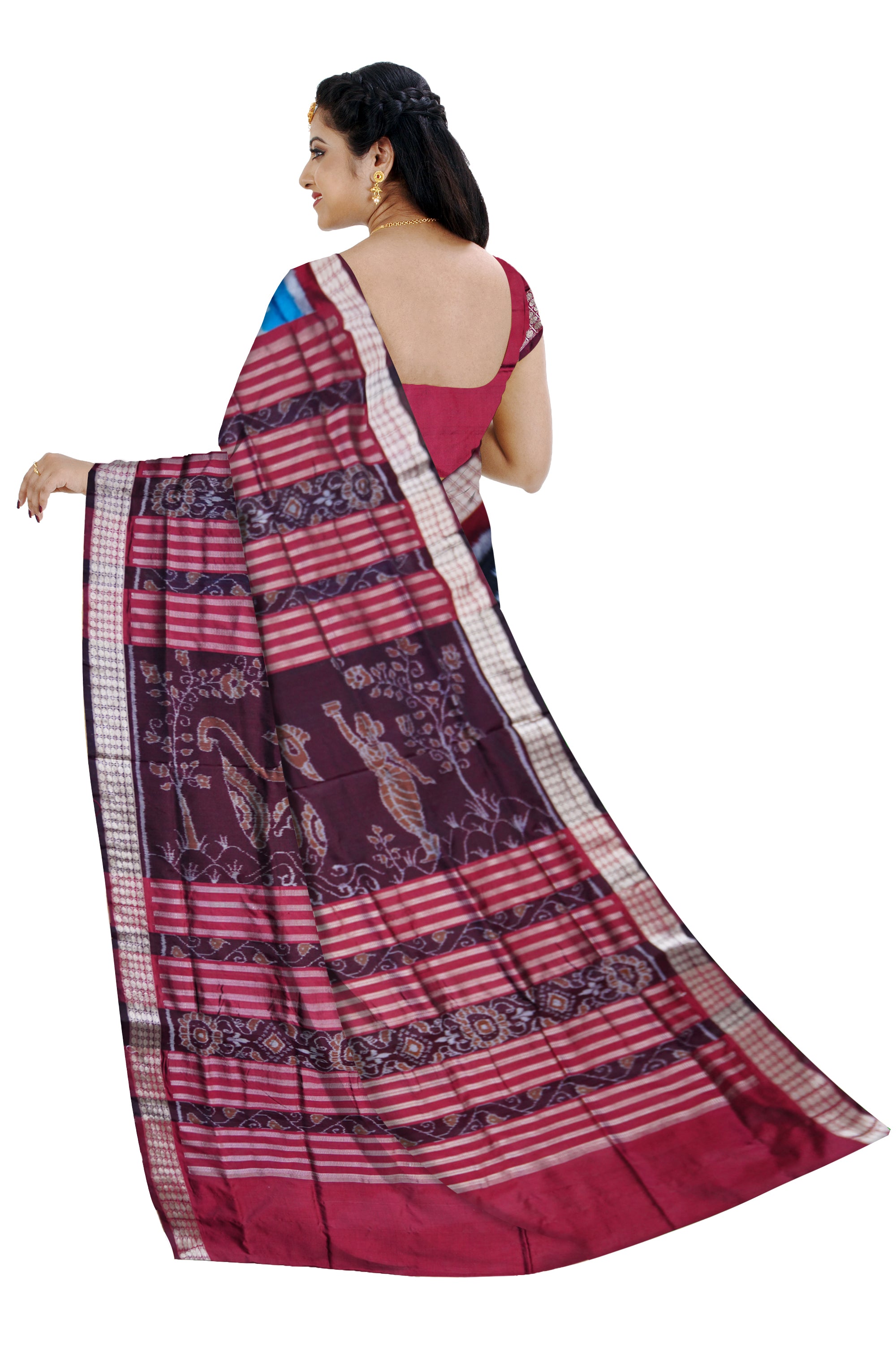 SKY,BLACK AND MAROON COLOR PASAPALI PATTERN PATA SAREE, WITH MATCHING BLOUSE PIECE. - Koshali Arts & Crafts Enterprise