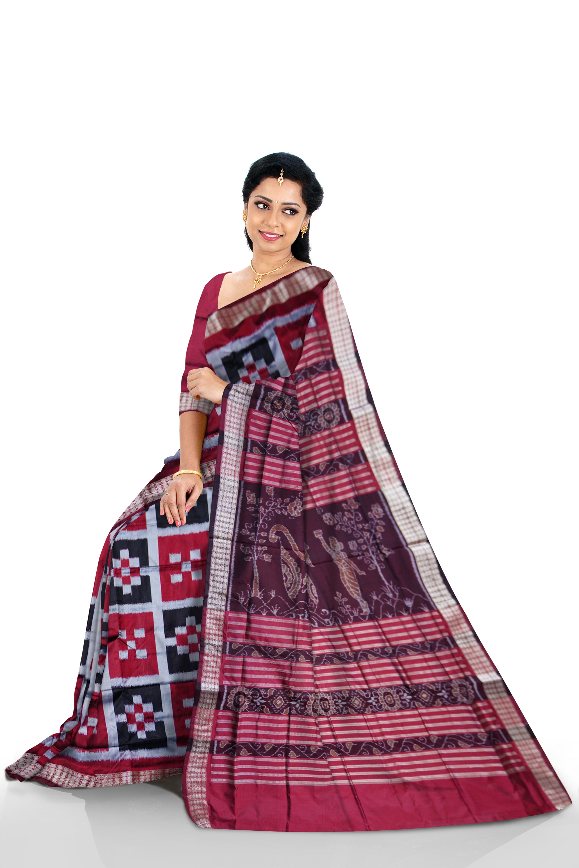 FULL BODY PASAPALI PATTERN PATA SAREE IS MAROON AND BLACK COLOR BASE,COMES WITH MATCHING BLOUSE PIECE. - Koshali Arts & Crafts Enterprise