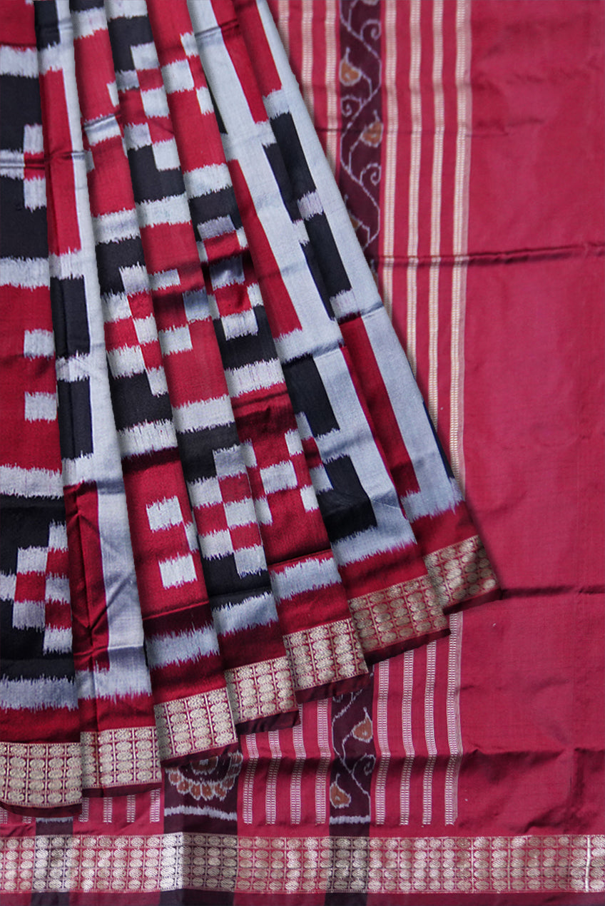 FULL BODY PASAPALI PATTERN PATA SAREE IS MAROON AND BLACK COLOR BASE,COMES WITH MATCHING BLOUSE PIECE. - Koshali Arts & Crafts Enterprise