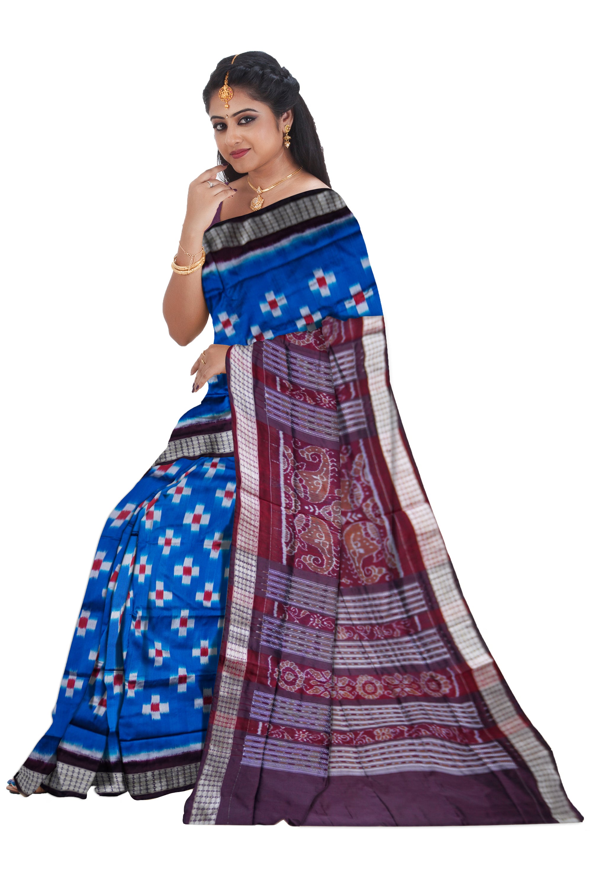 BLUE AND COFFEE COLOR TARA PATERN PATA SAREE ,WITH MATCHING BLOUSE PIECE. - Koshali Arts & Crafts Enterprise