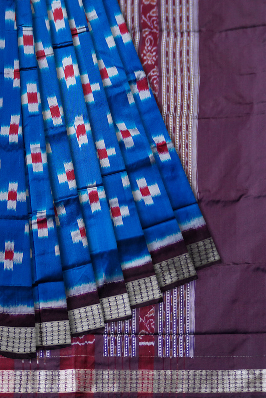 BLUE AND COFFEE COLOR TARA PATERN PATA SAREE ,WITH MATCHING BLOUSE PIECE. - Koshali Arts & Crafts Enterprise