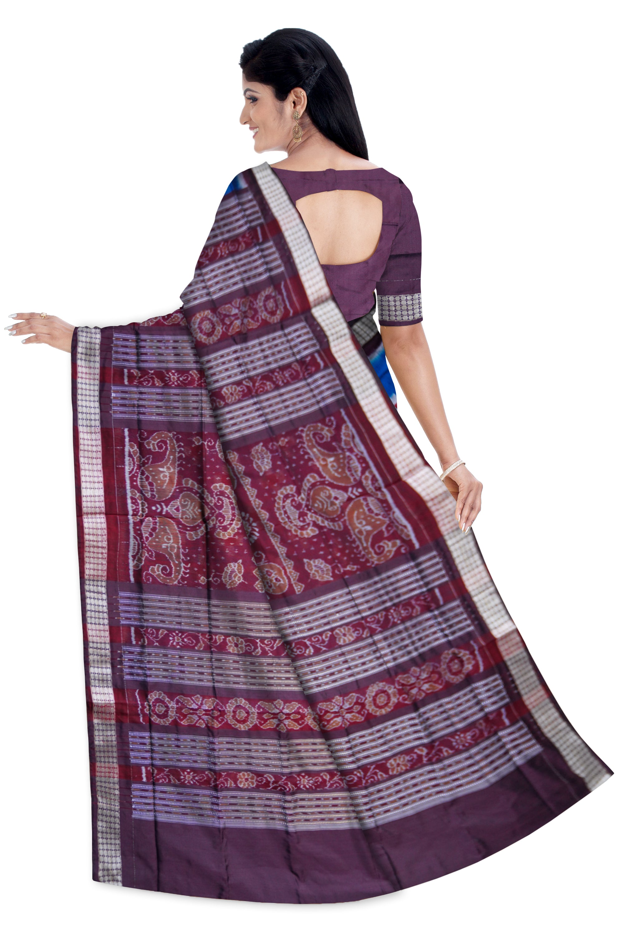BLUE AND COFFEE COLOR TARA PATERN PATA SAREE ,WITH MATCHING BLOUSE PIECE. - Koshali Arts & Crafts Enterprise