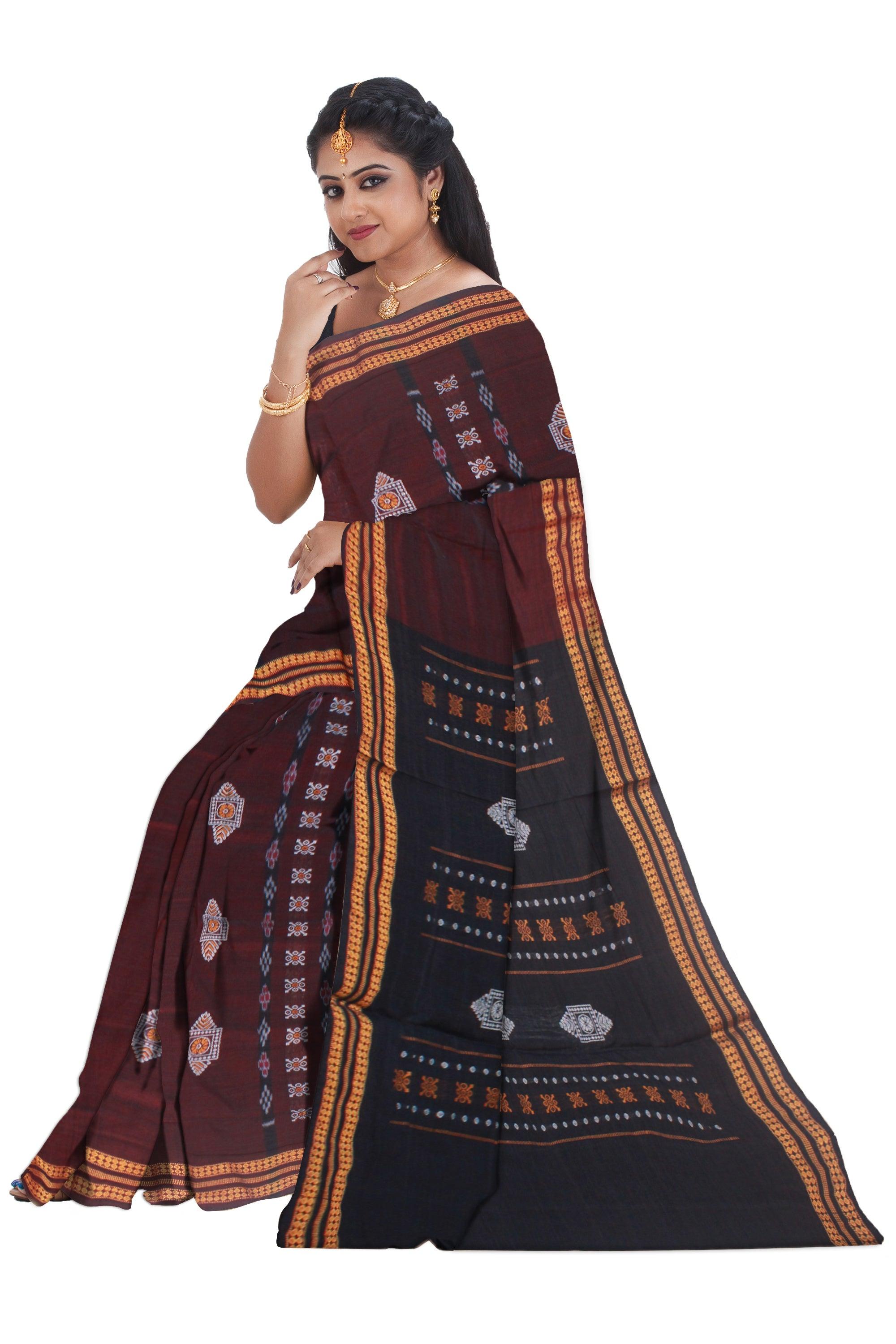SAMBALPURI BOMKEI PATTERN FLOWER PRINT COTTON SAREE IN DARK BROWN COLOR WITH BLOUSE PIECE. - Koshali Arts & Crafts Enterprise
