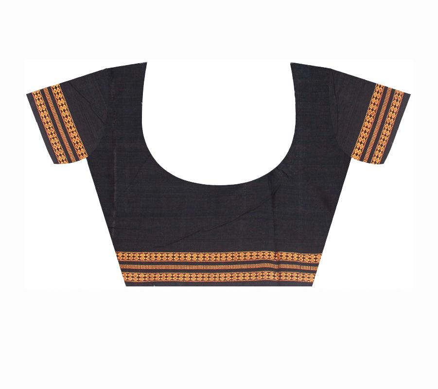 SAMBALPURI BOMKEI PATTERN FLOWER PRINT COTTON SAREE IN DARK BROWN COLOR WITH BLOUSE PIECE. - Koshali Arts & Crafts Enterprise