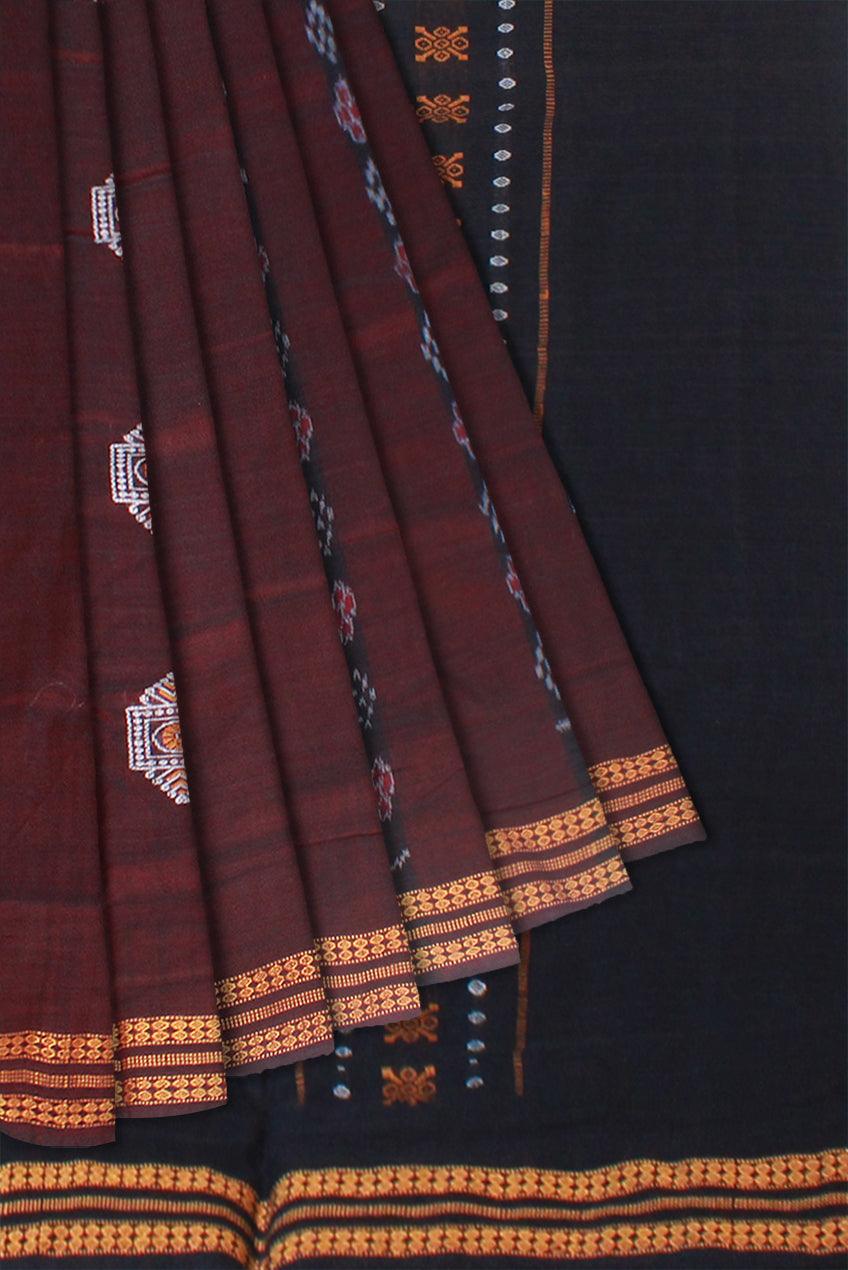 SAMBALPURI BOMKEI PATTERN FLOWER PRINT COTTON SAREE IN DARK BROWN COLOR WITH BLOUSE PIECE. - Koshali Arts & Crafts Enterprise