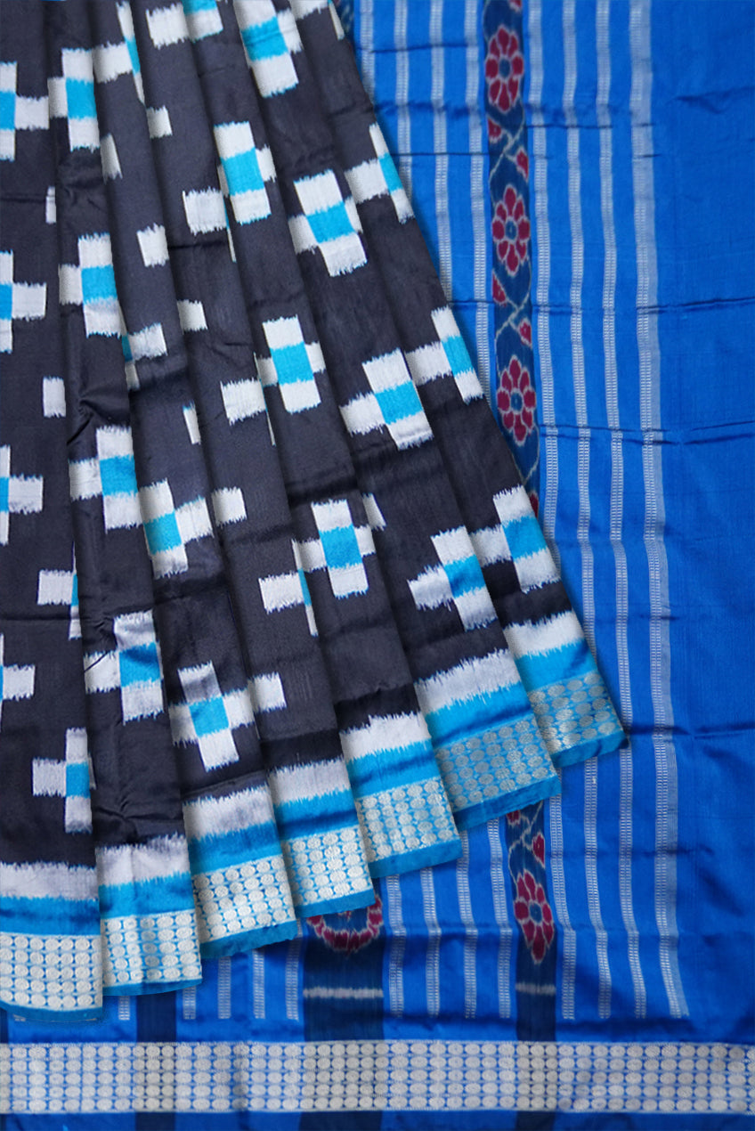 FULL BODY HAVE BLACK AND PALLU IS SKY COLOR BASE PASAPALI PATTERN PATA SAREE.COMES WITH MATCHING BLOUSE PIECE. - Koshali Arts & Crafts Enterprise