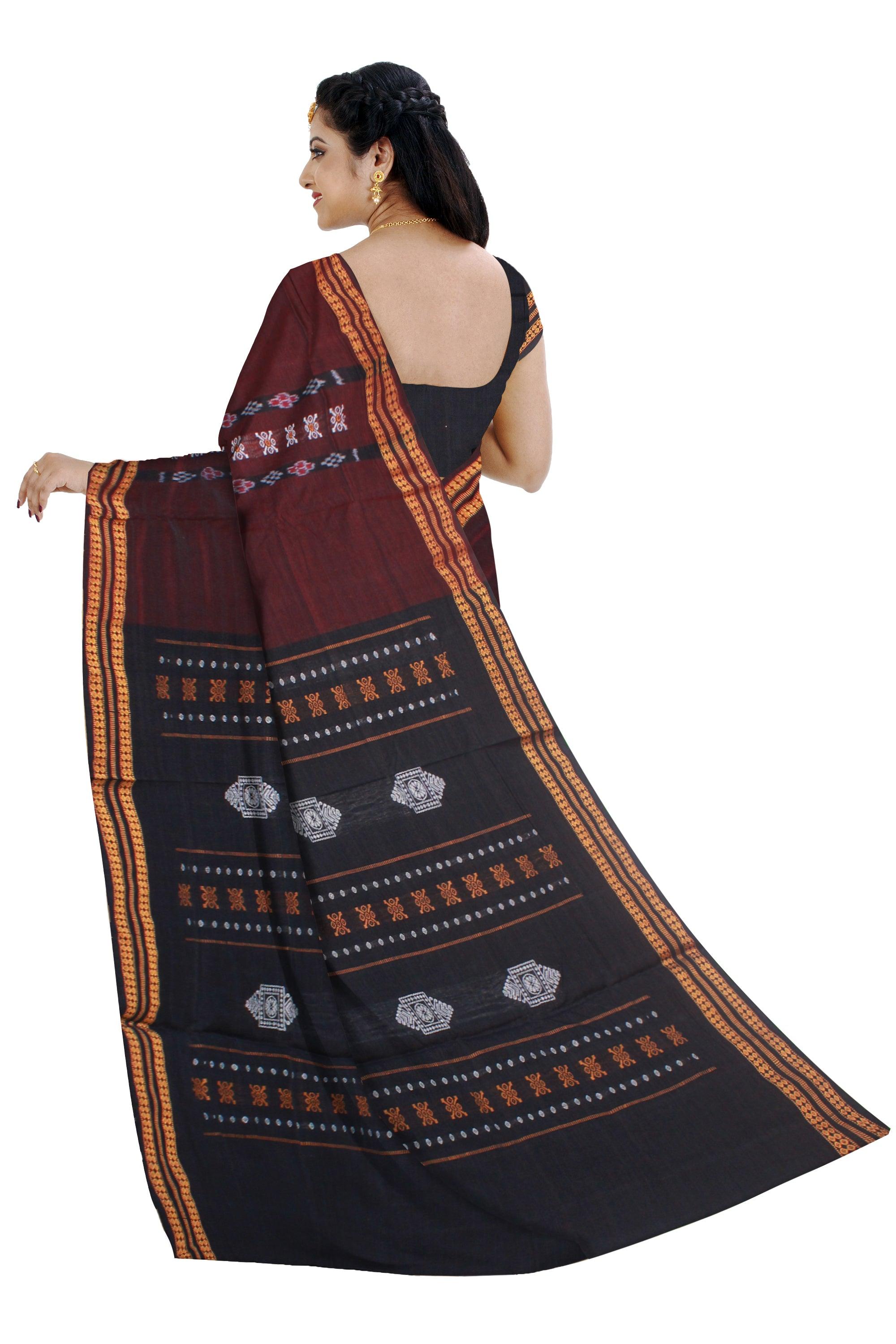 SAMBALPURI BOMKEI PATTERN FLOWER PRINT COTTON SAREE IN DARK BROWN COLOR WITH BLOUSE PIECE. - Koshali Arts & Crafts Enterprise