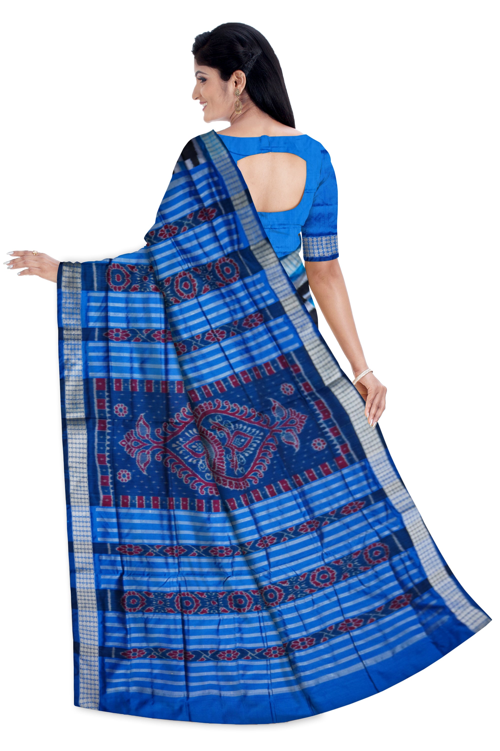 FULL BODY HAVE BLACK AND PALLU IS SKY COLOR BASE PASAPALI PATTERN PATA SAREE.COMES WITH MATCHING BLOUSE PIECE. - Koshali Arts & Crafts Enterprise