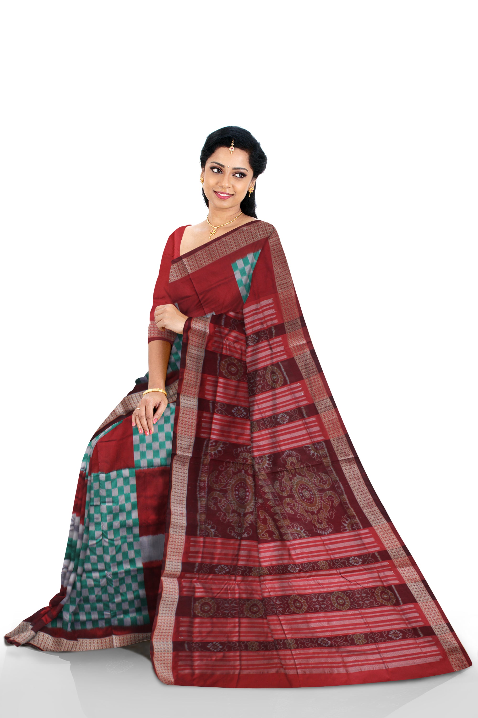 TURQUOISE AND MAROON COLOR BIG PASAPALI DESIGN PATA SAREE,COMES WITH MATCHING BLOUSE PIECE. - Koshali Arts & Crafts Enterprise