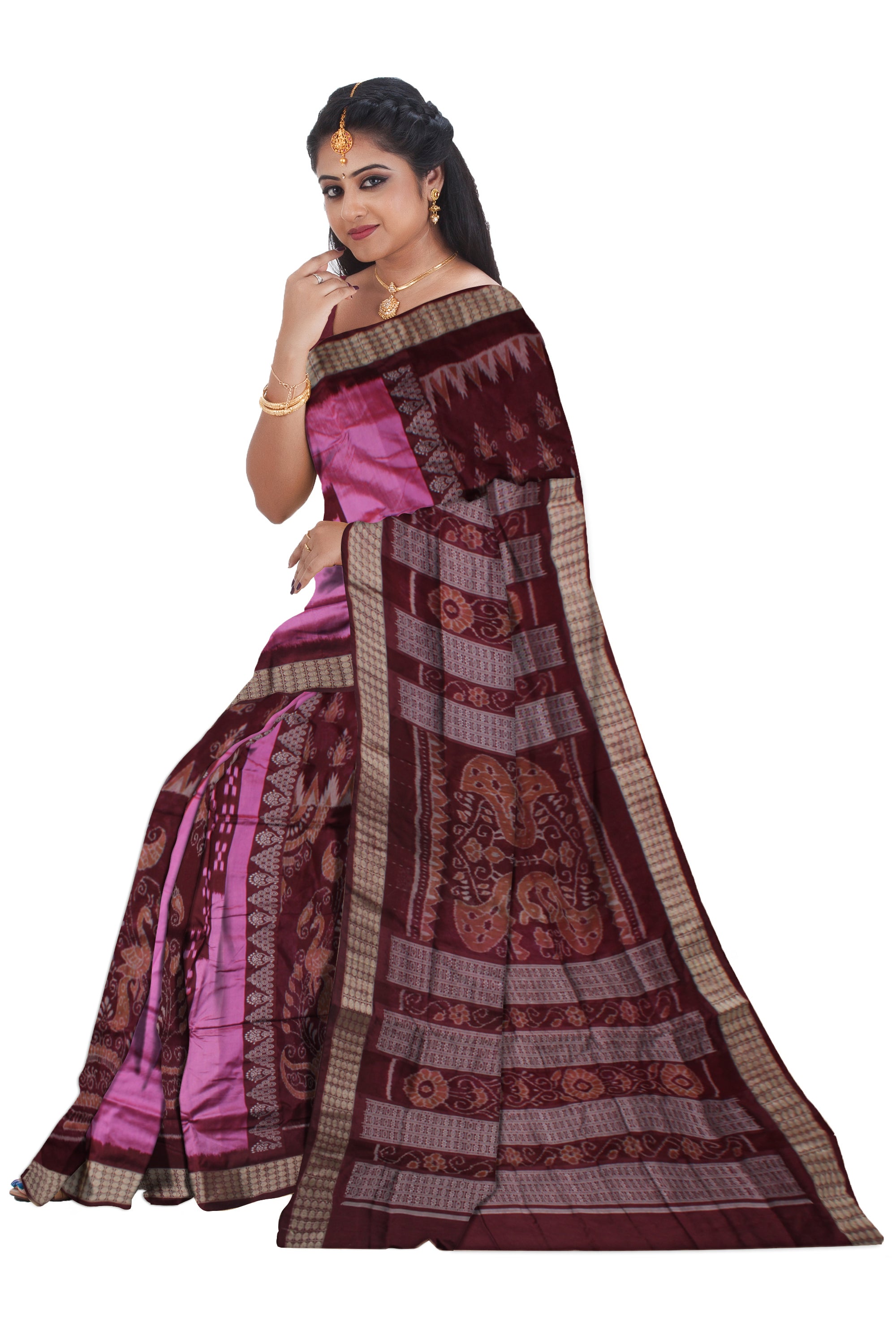 PINK AND COFFE COLOR SAPTA WITH BANDHA PATTERN BOMKEI PATA SAREE, WITH BLOUSE PIECE. - Koshali Arts & Crafts Enterprise
