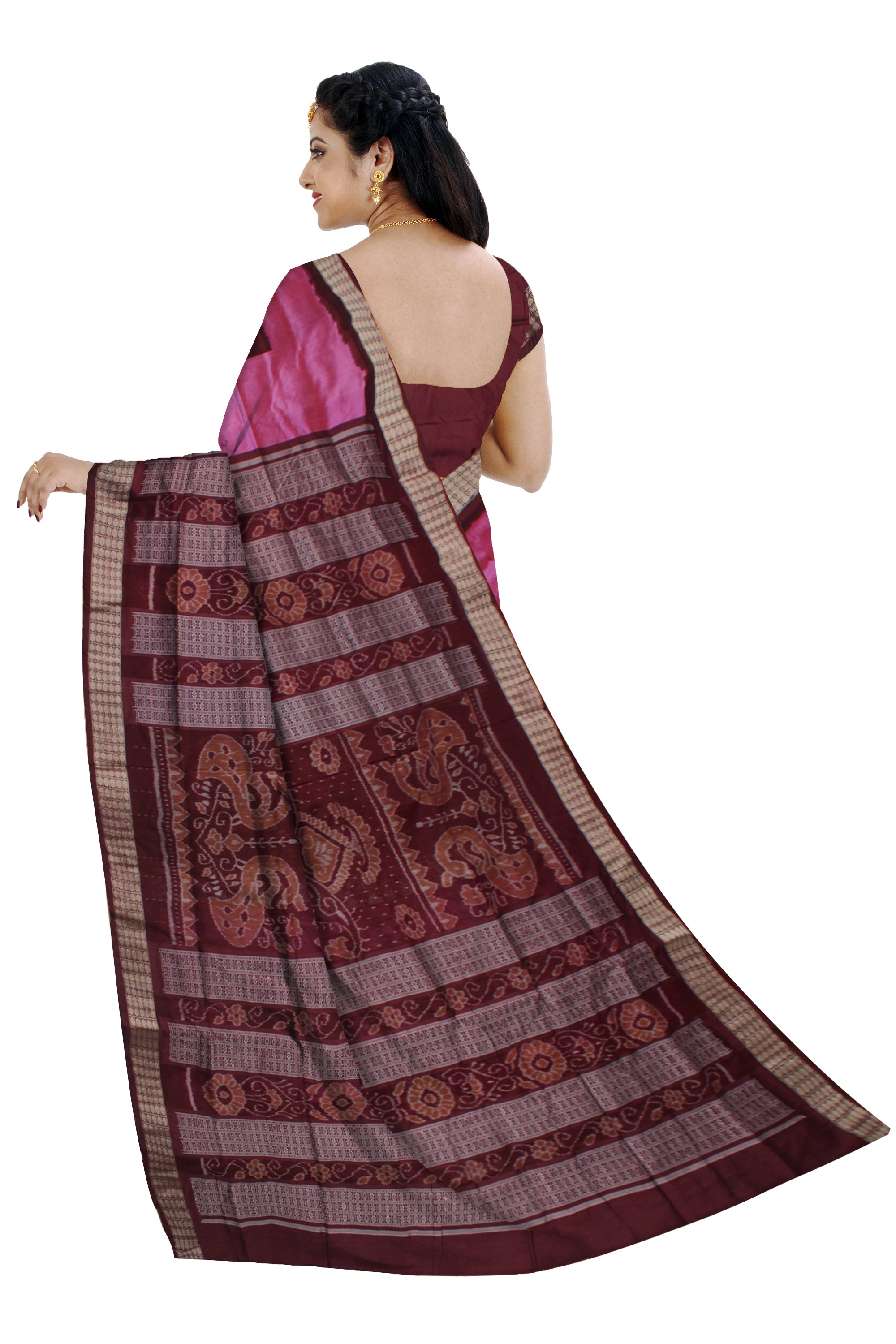 PINK AND COFFE COLOR SAPTA WITH BANDHA PATTERN BOMKEI PATA SAREE, WITH BLOUSE PIECE. - Koshali Arts & Crafts Enterprise