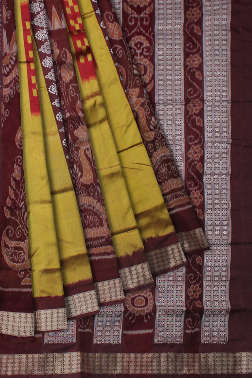 SAPTA WITH BANDHA PATTERN BOMKEI PATA SAREE IS MUSTARD YELLOW,MAROON AND COFFEE COLOR BASE.WITH BLOUSE PIECE. - Koshali Arts & Crafts Enterprise