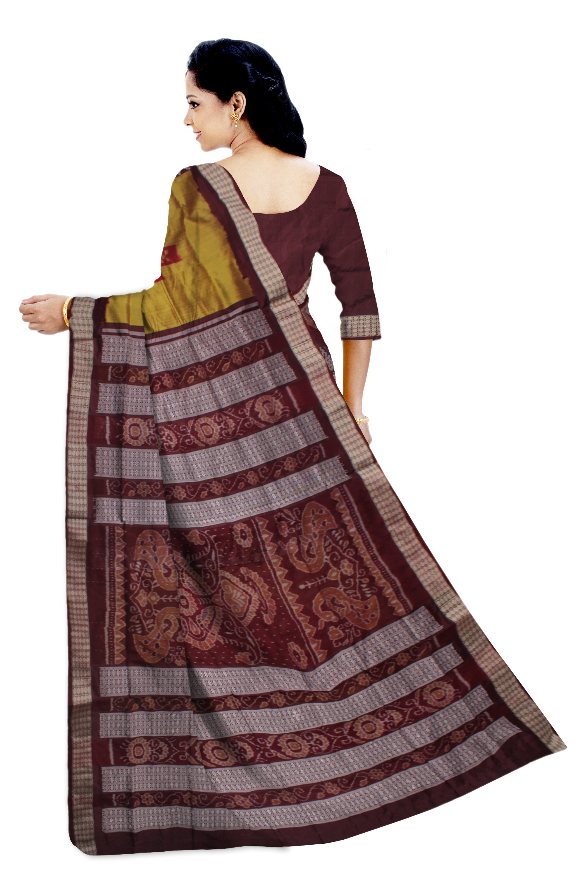 SAPTA WITH BANDHA PATTERN BOMKEI PATA SAREE IS MUSTARD YELLOW,MAROON AND COFFEE COLOR BASE.WITH BLOUSE PIECE. - Koshali Arts & Crafts Enterprise
