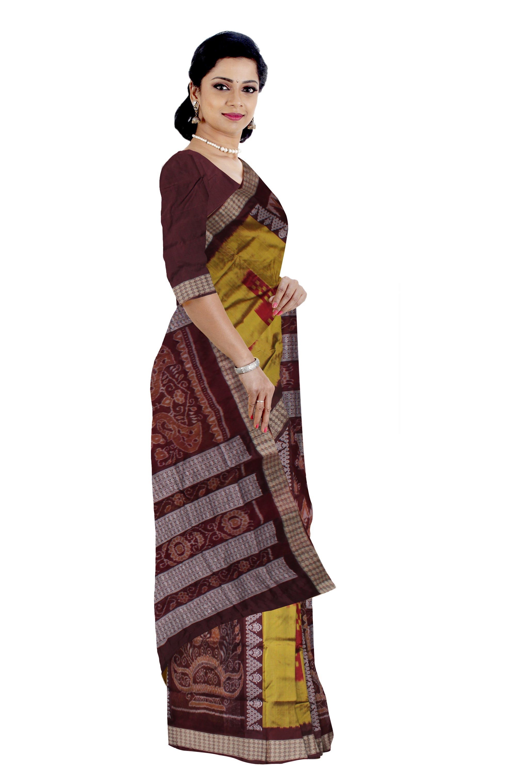 SAPTA WITH BANDHA PATTERN BOMKEI PATA SAREE IS MUSTARD YELLOW,MAROON AND COFFEE COLOR BASE.WITH BLOUSE PIECE. - Koshali Arts & Crafts Enterprise