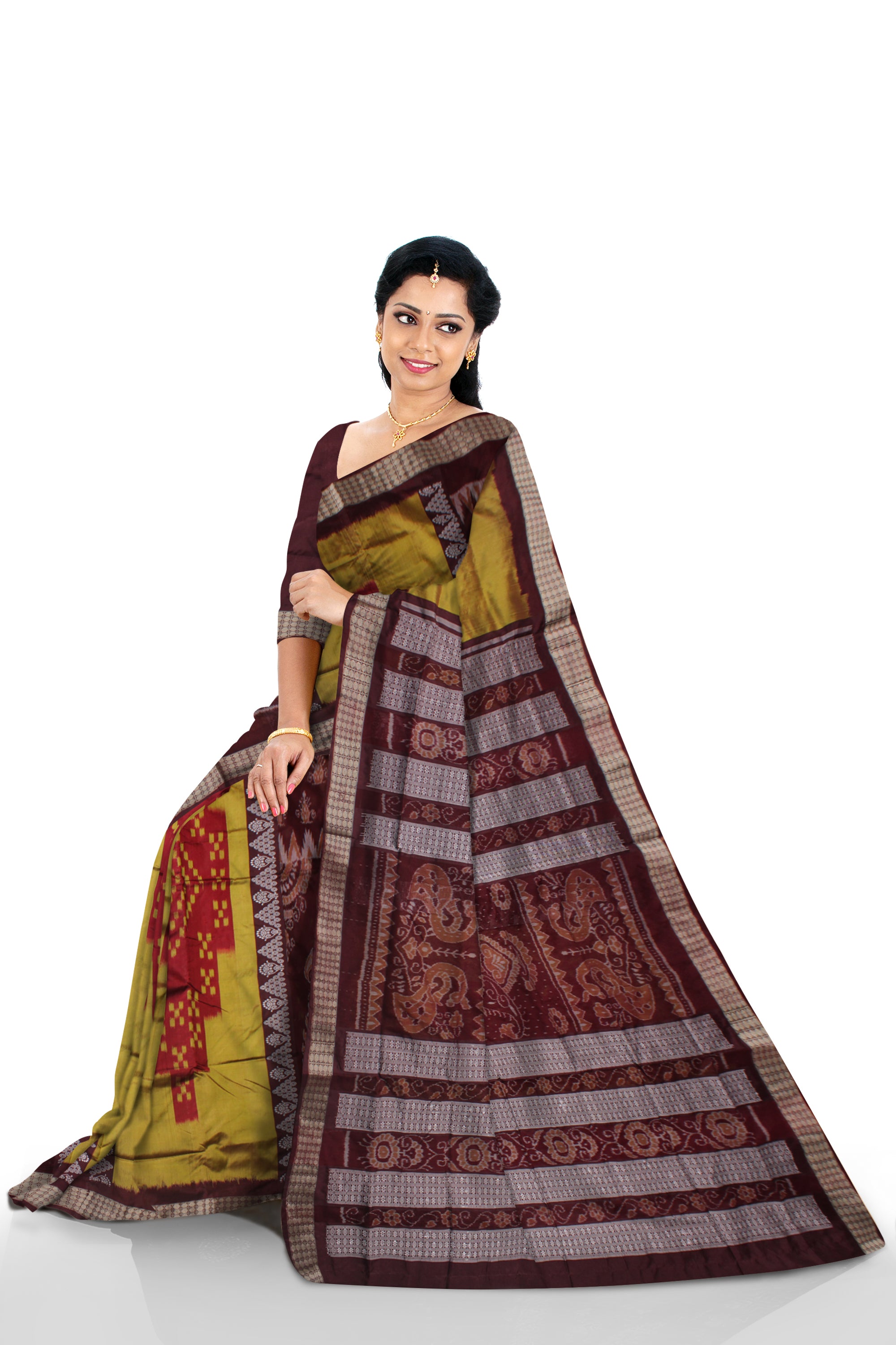 SAPTA WITH BANDHA PATTERN BOMKEI PATA SAREE IS MUSTARD YELLOW,MAROON AND COFFEE COLOR BASE.WITH BLOUSE PIECE. - Koshali Arts & Crafts Enterprise