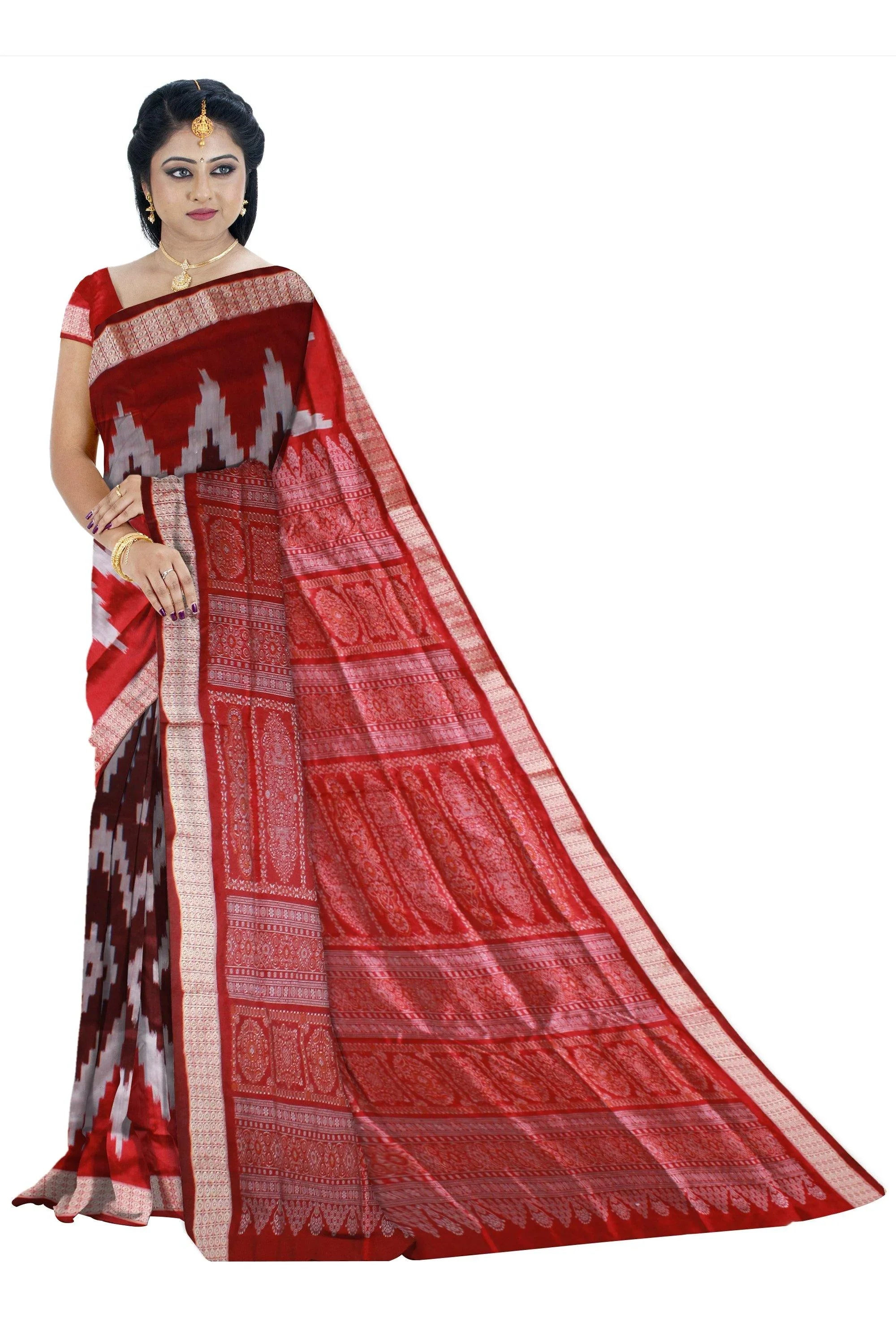 Zigzag design brown and red pata saree, with matching blouse piece. - Koshali Arts & Crafts Enterprise
