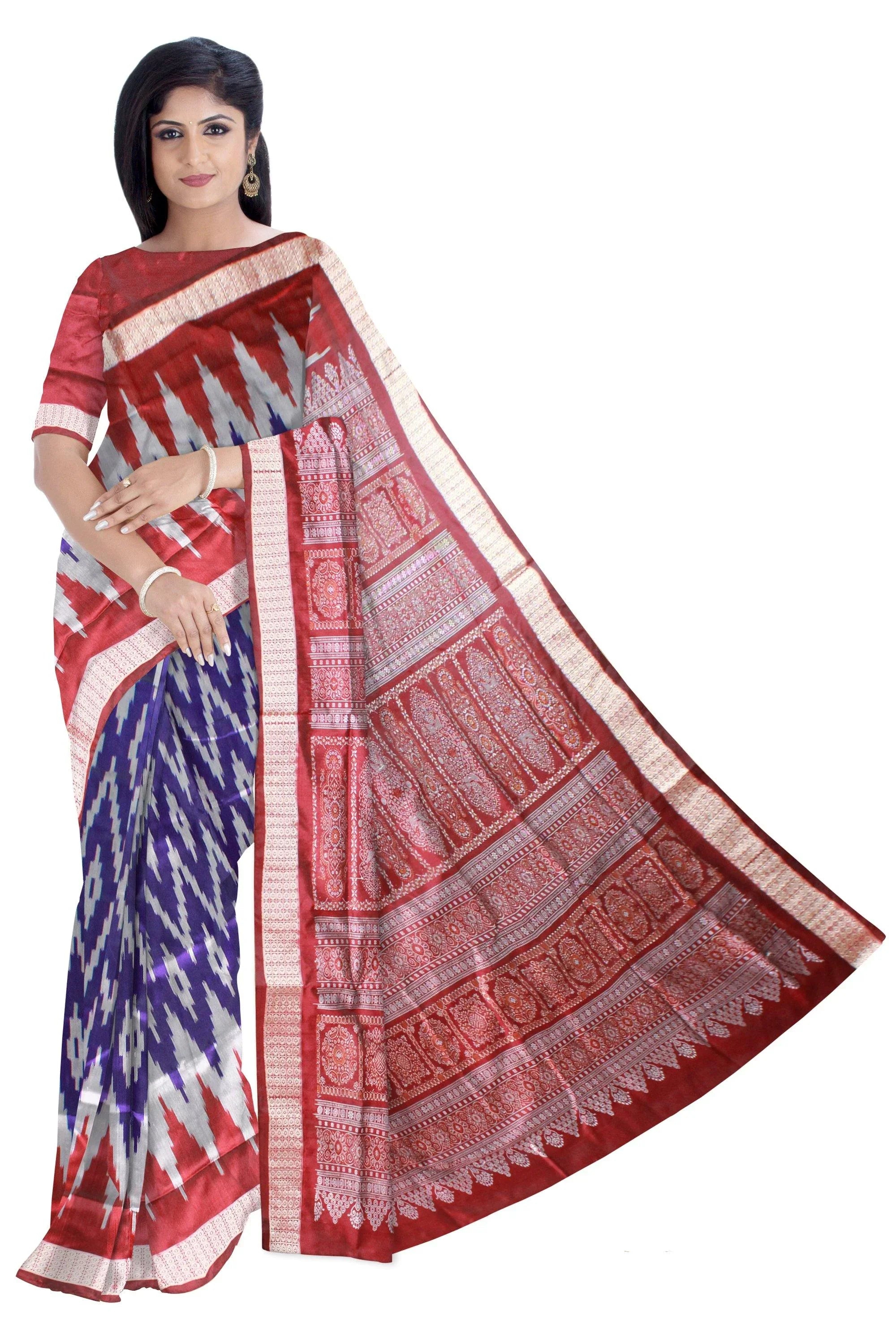 Blue and silver color zigzag pattern mix pata saree with blouse piece. - Koshali Arts & Crafts Enterprise