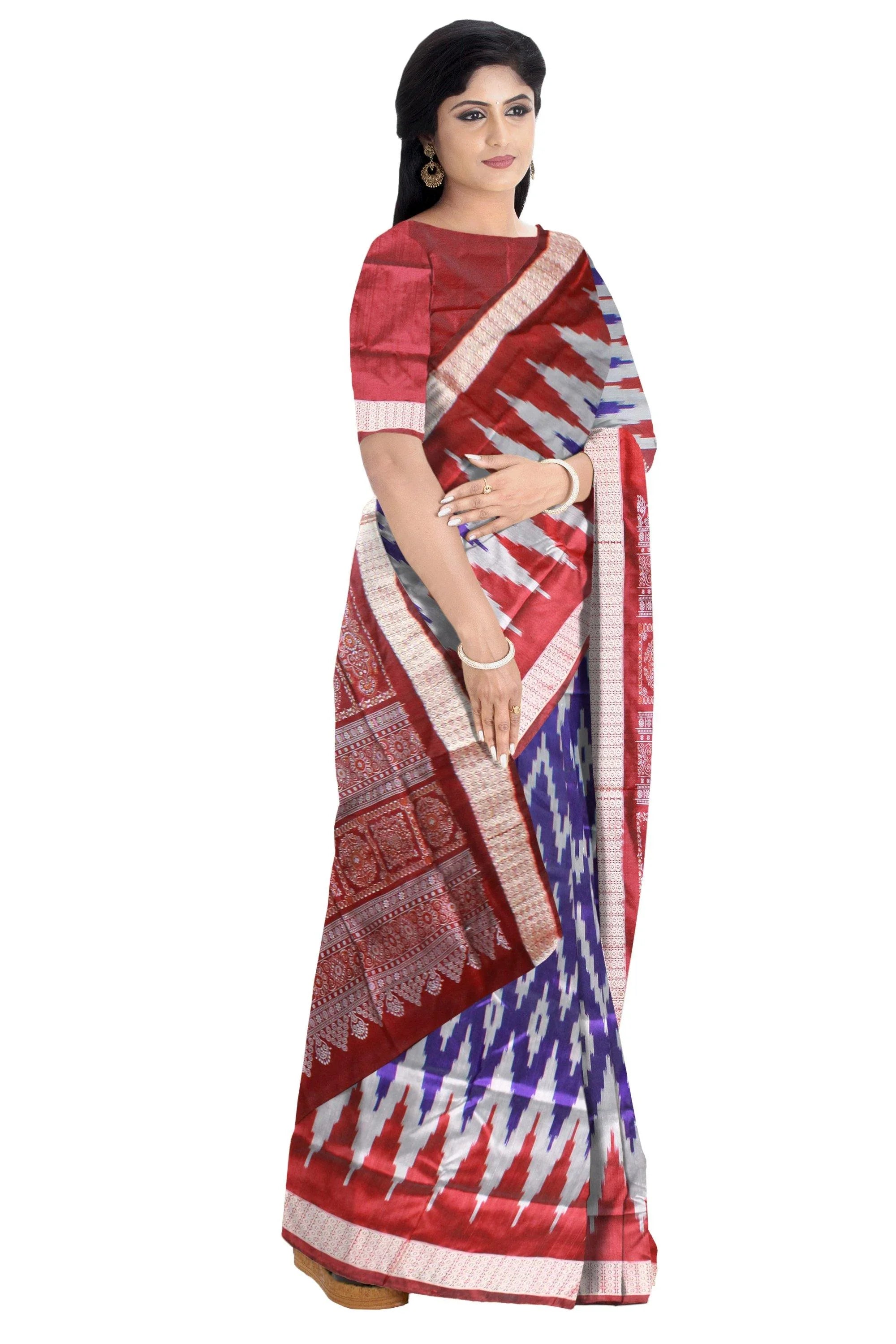 Blue and silver color zigzag pattern mix pata saree with blouse piece. - Koshali Arts & Crafts Enterprise
