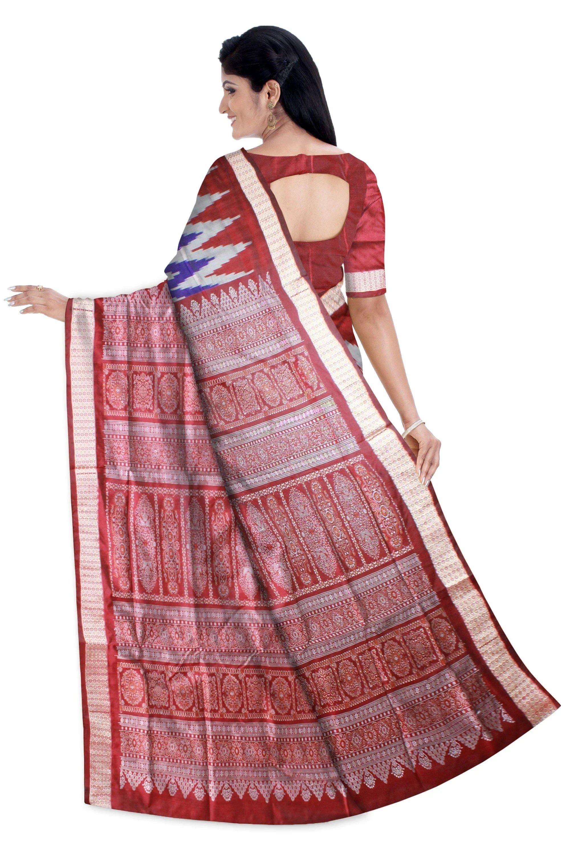 Blue and silver color zigzag pattern mix pata saree with blouse piece. - Koshali Arts & Crafts Enterprise