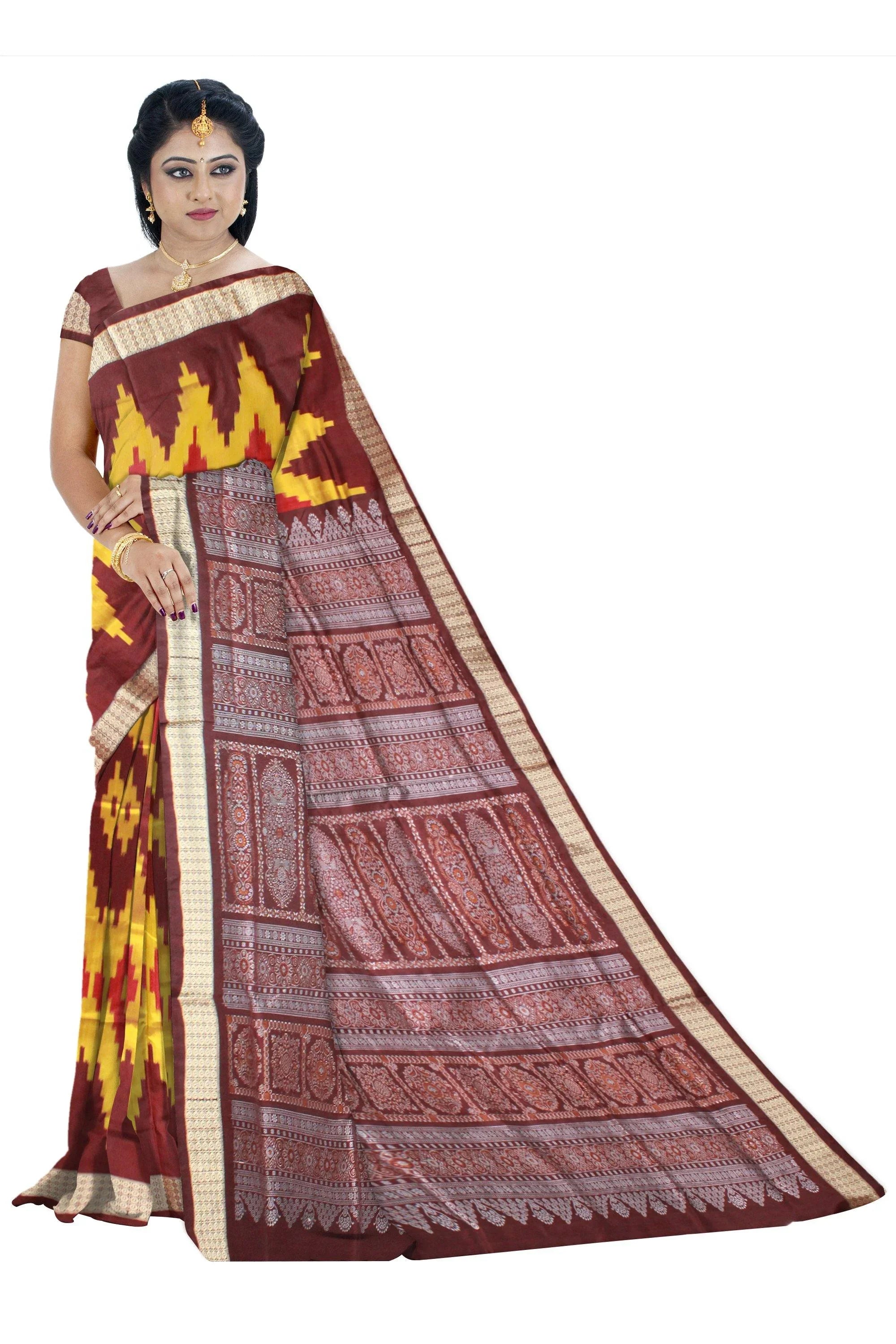 Zigzag design Yellow and brown color mix Pata saree, comes with blouse piece. - Koshali Arts & Crafts Enterprise