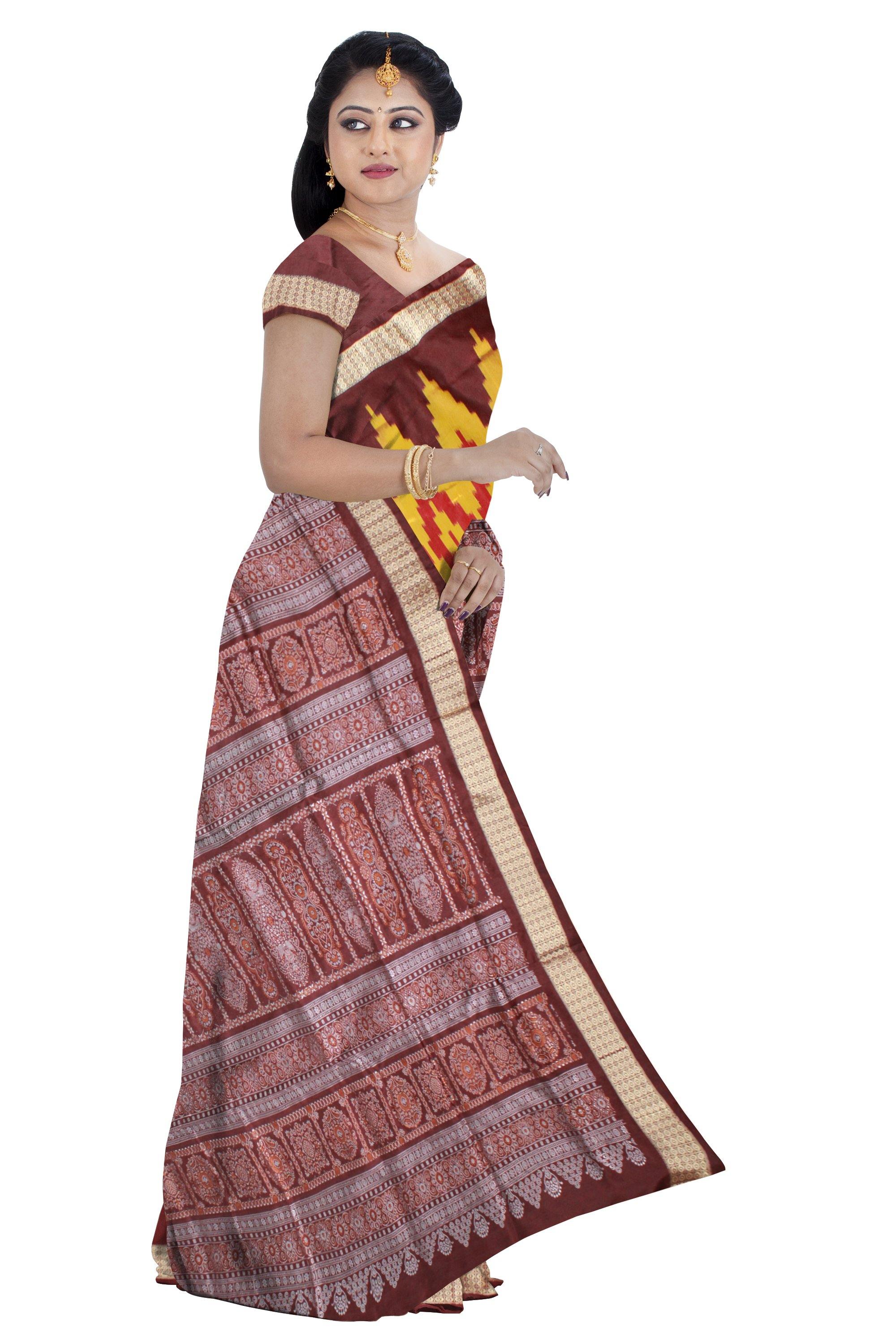 Zigzag design Yellow and brown mix Pata saree with blouse piece - Koshali Arts & Crafts Enterprise