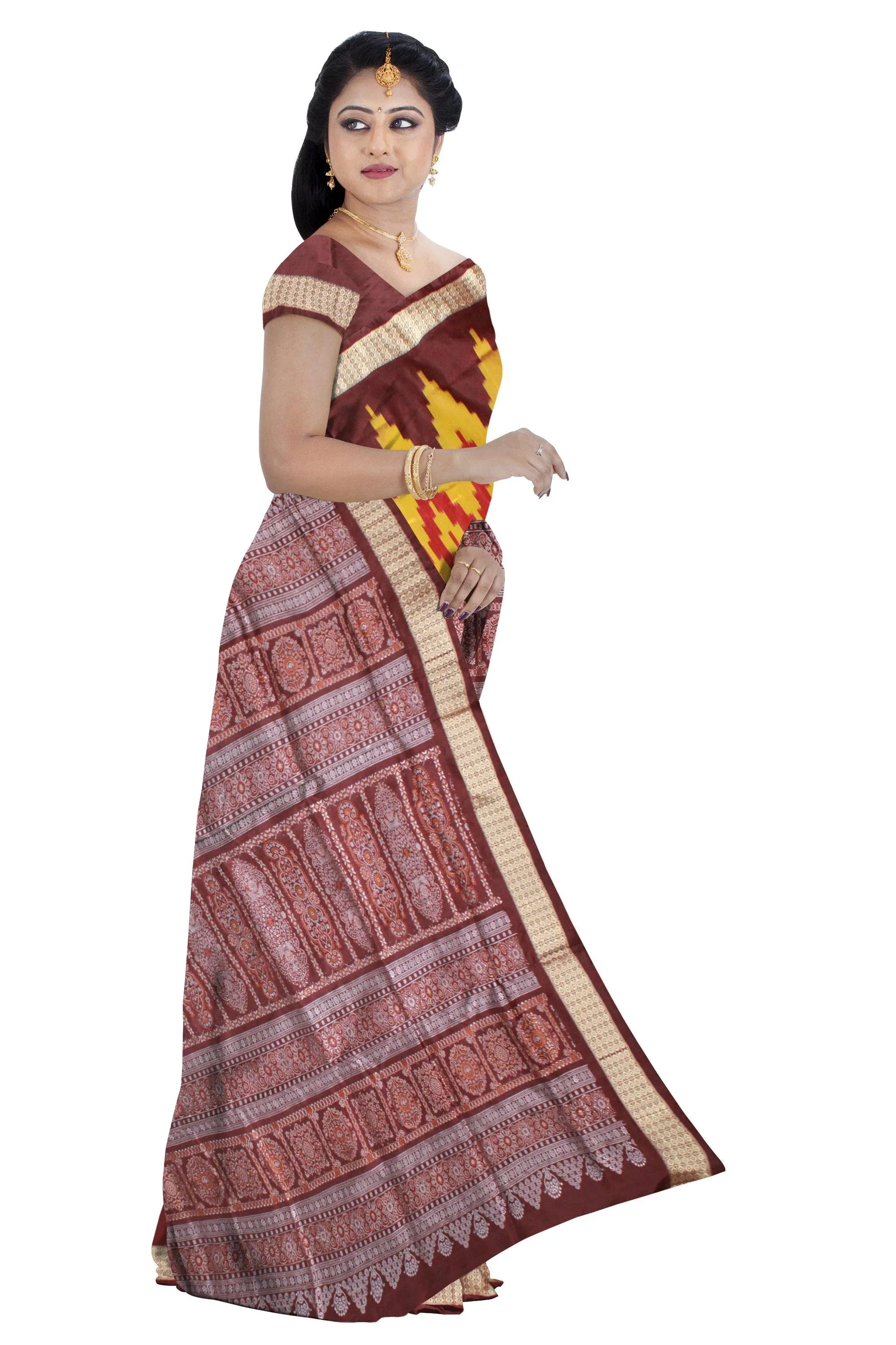 Zigzag design Yellow and brown color mix Pata saree, comes with blouse piece. - Koshali Arts & Crafts Enterprise
