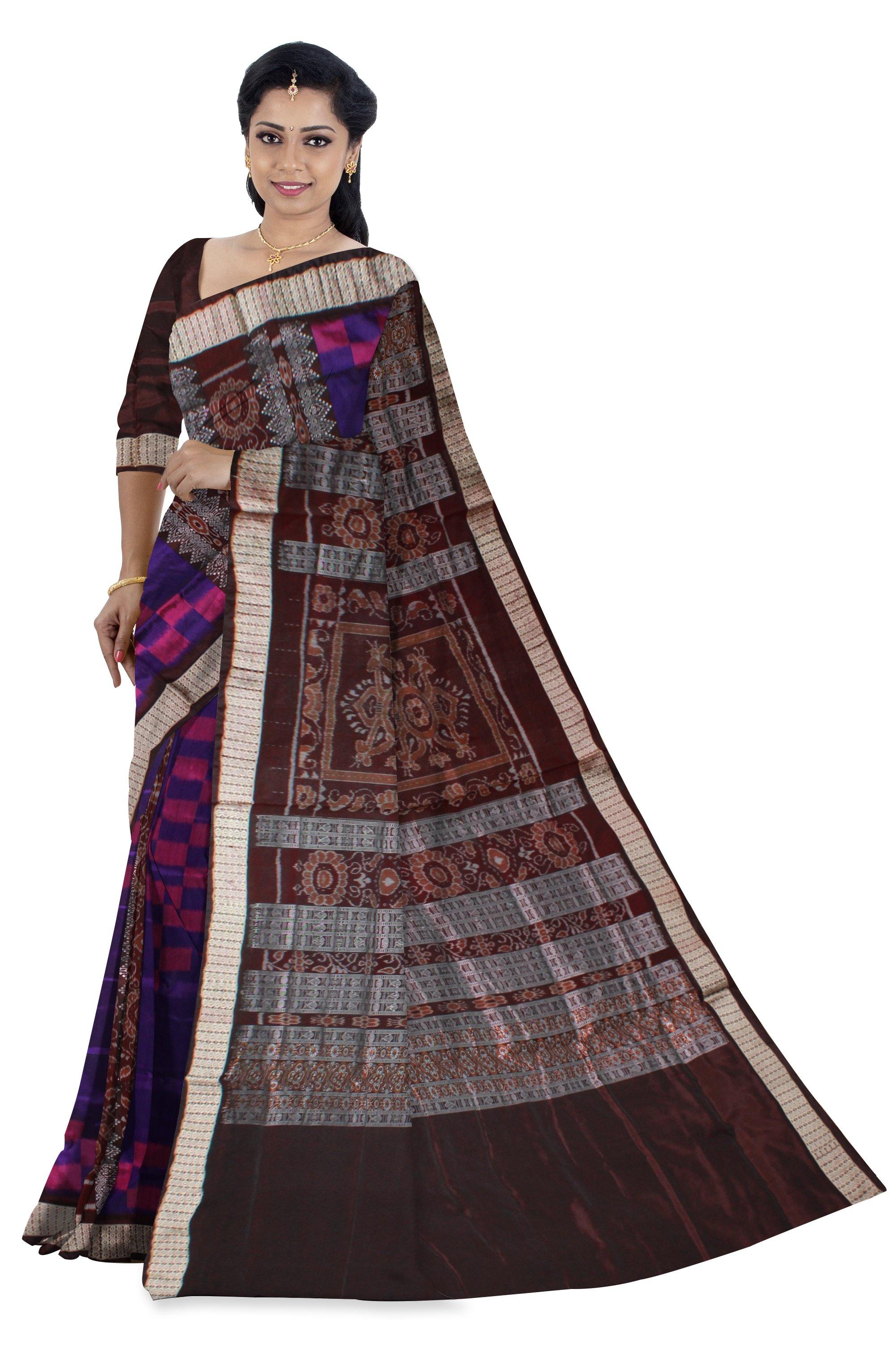 Sapta print violet & brown color pata saree with blouse piece. - Koshali Arts & Crafts Enterprise