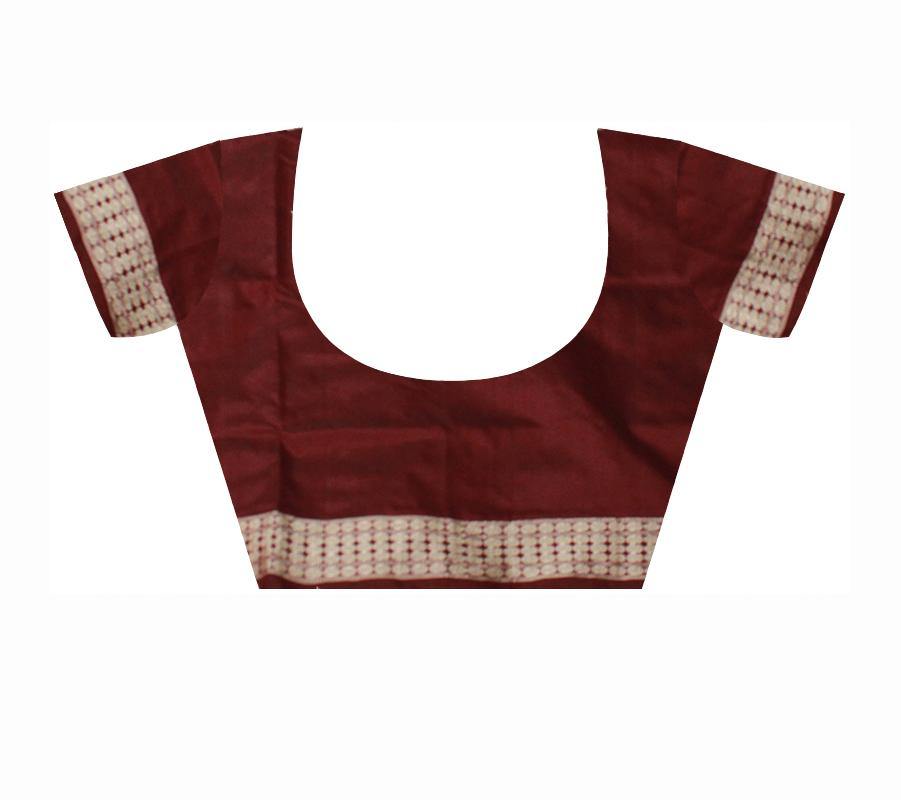 Peacock print yellow, blue & brown color pata saree with blouse piece. - Koshali Arts & Crafts Enterprise