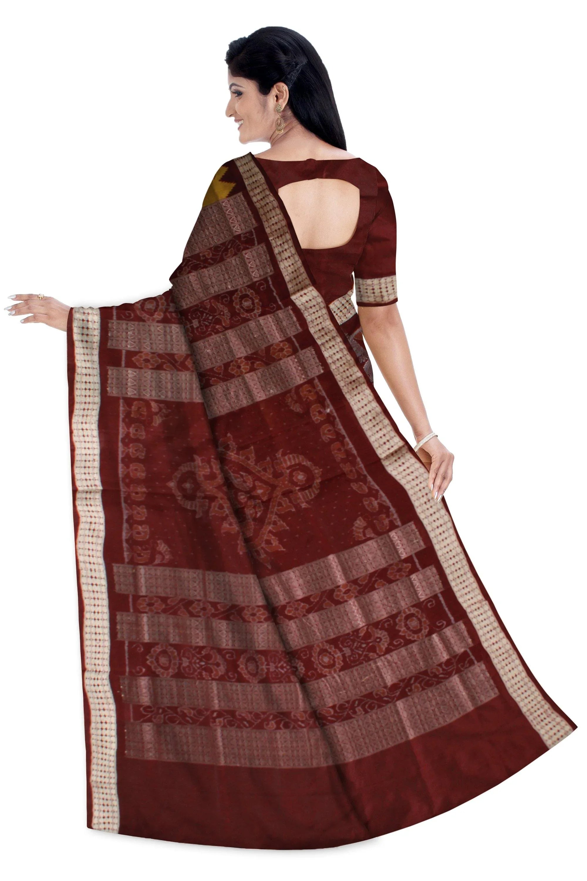 Peacock print yellow, blue & brown color pata saree with blouse piece. - Koshali Arts & Crafts Enterprise
