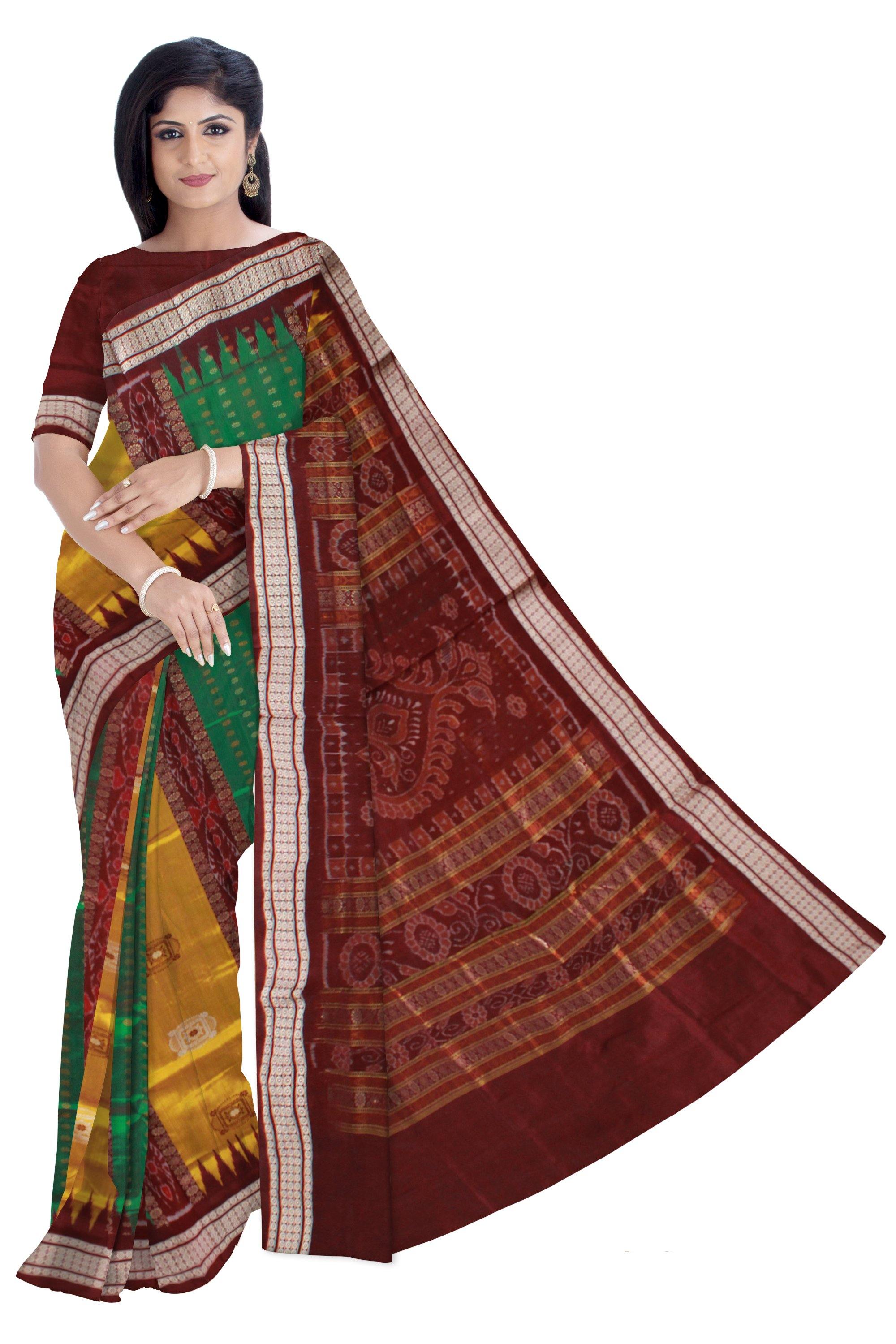 Green , Brown and Yellow bomkei pata saree with blouse piece. - Koshali Arts & Crafts Enterprise