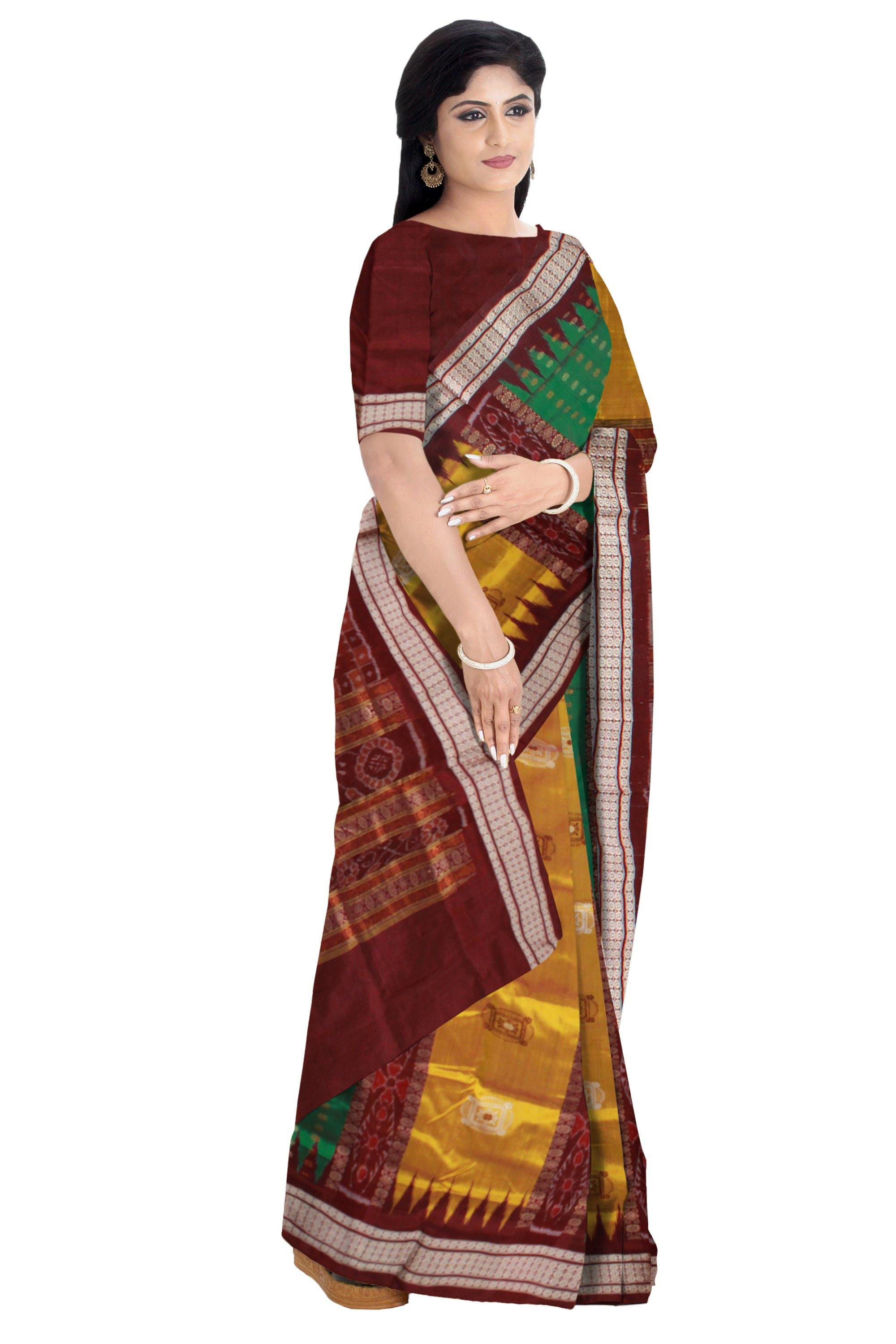 Green , Brown and Yellow bomkei pata saree with blouse piece. - Koshali Arts & Crafts Enterprise