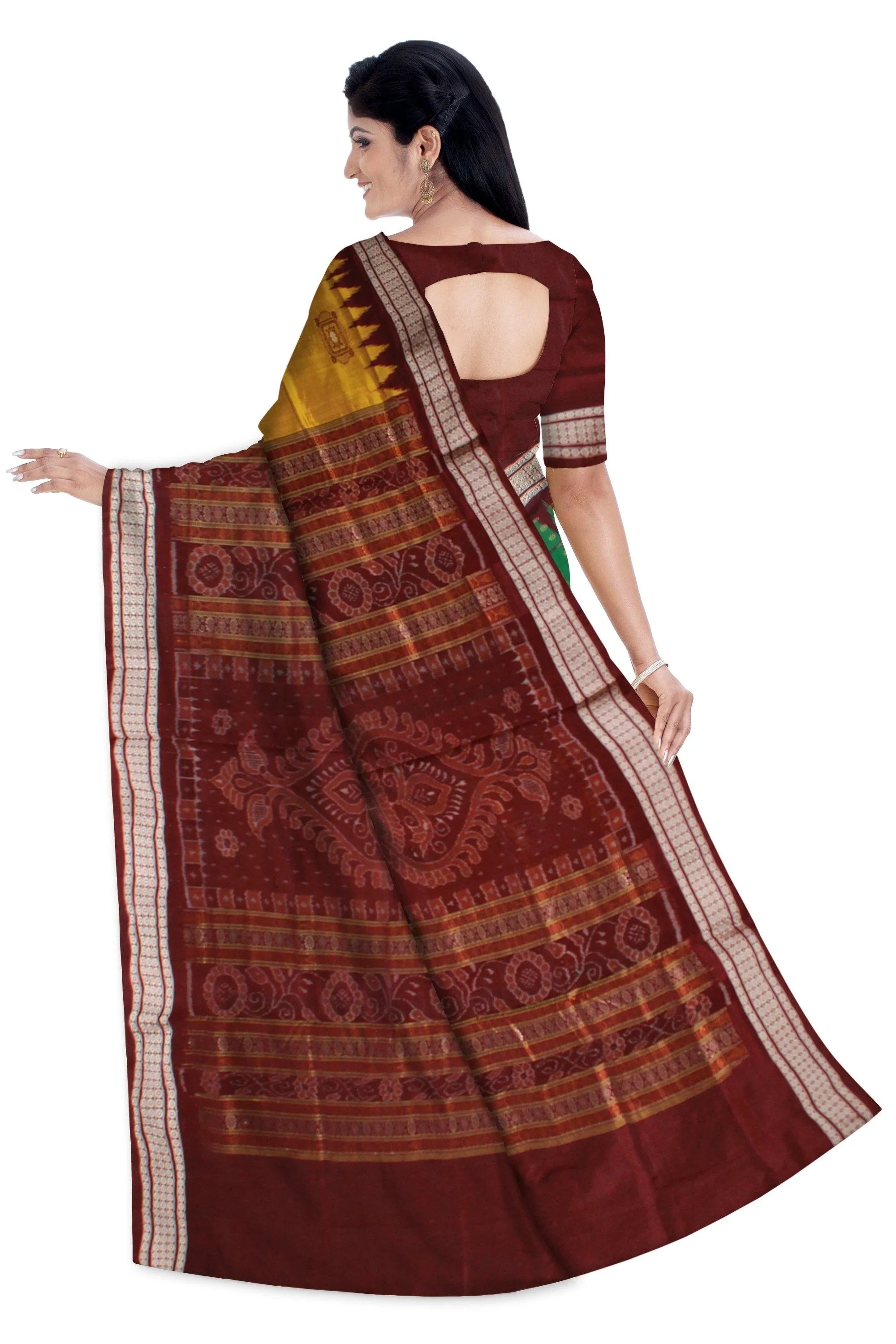 Green , Brown and Yellow bomkei pata saree with blouse piece. - Koshali Arts & Crafts Enterprise