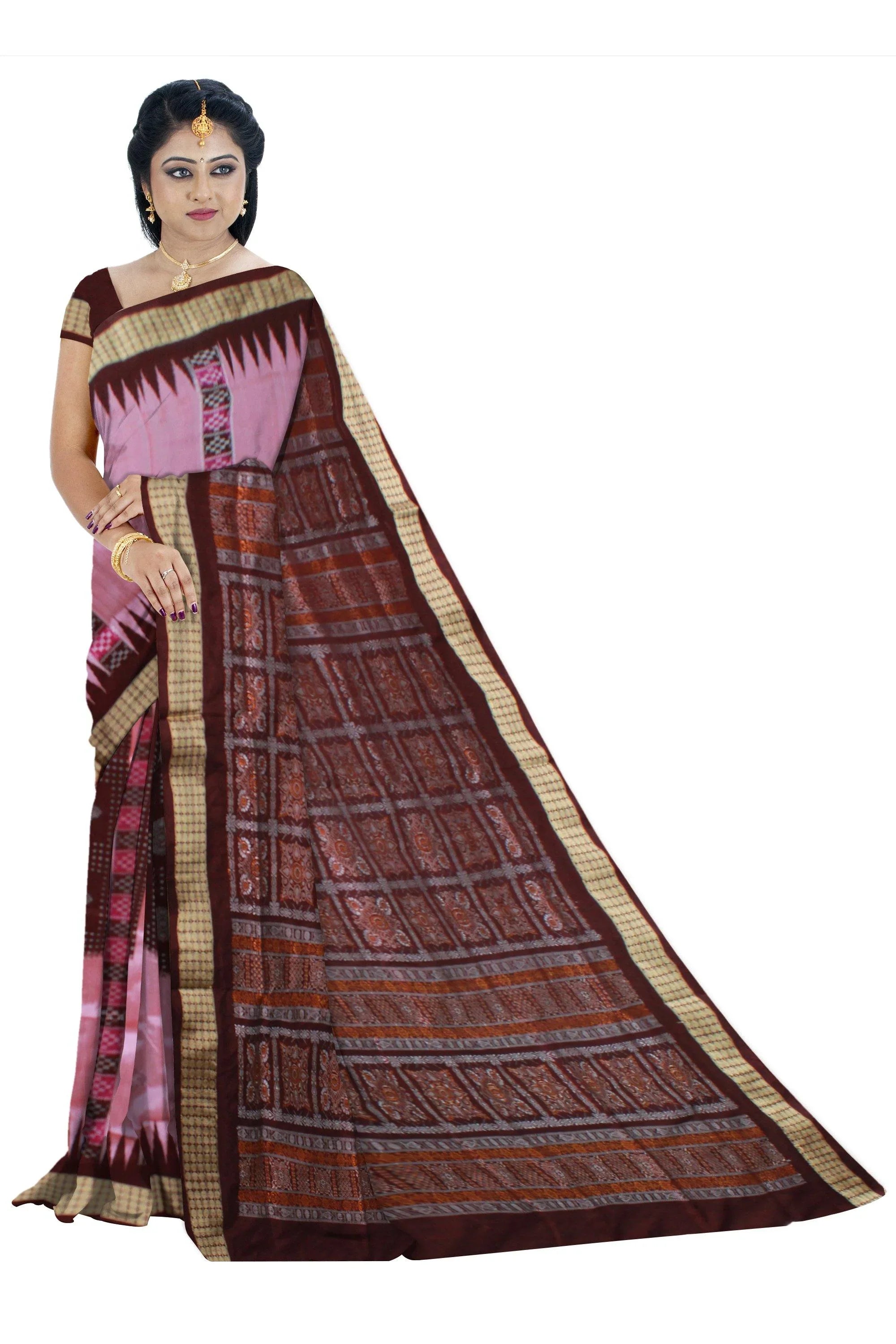 Sonepur pasapali pata saree in pink and coffee. - Koshali Arts & Crafts Enterprise