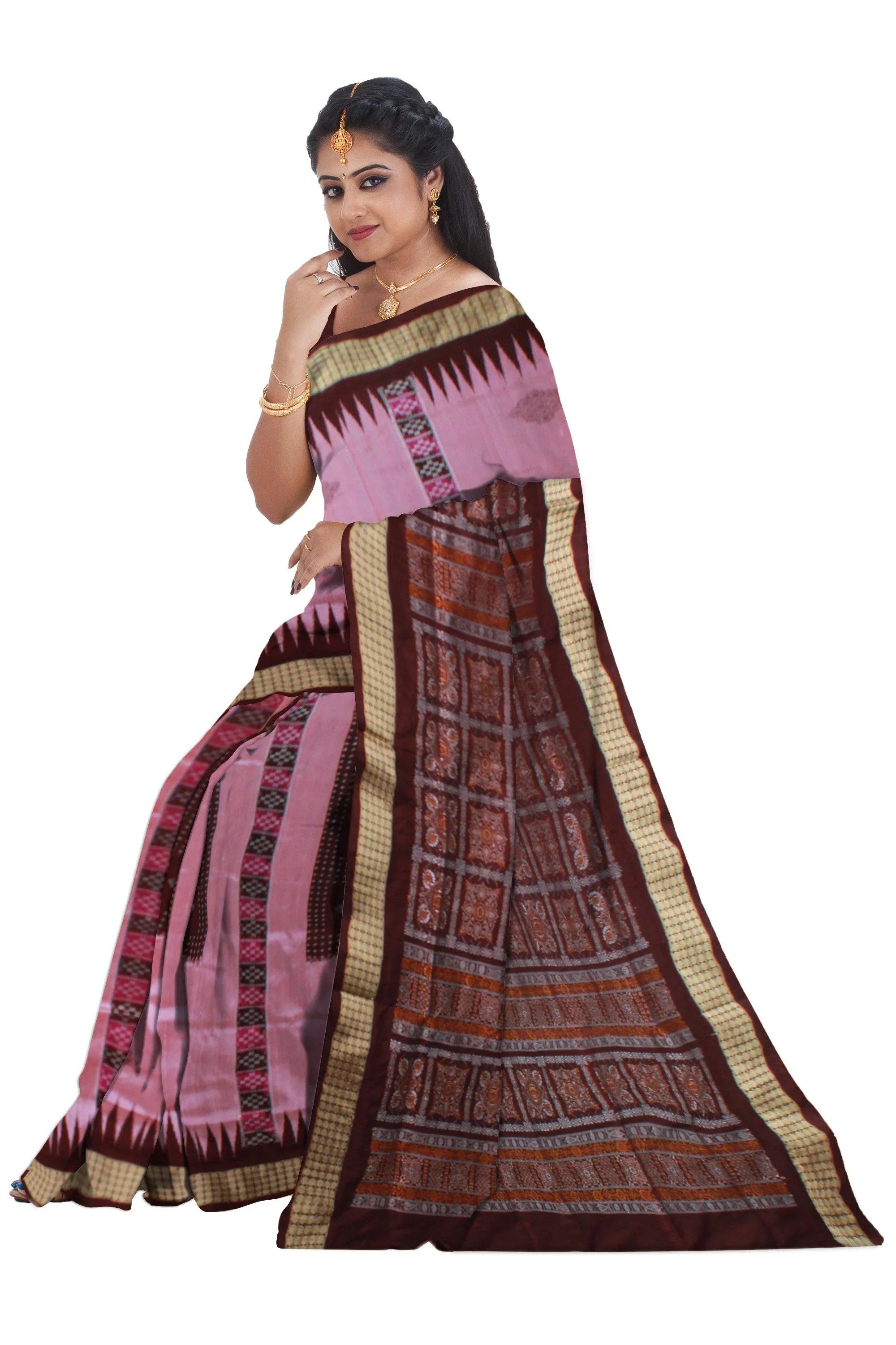 Sonepur pasapali pata saree in pink and coffee. - Koshali Arts & Crafts Enterprise