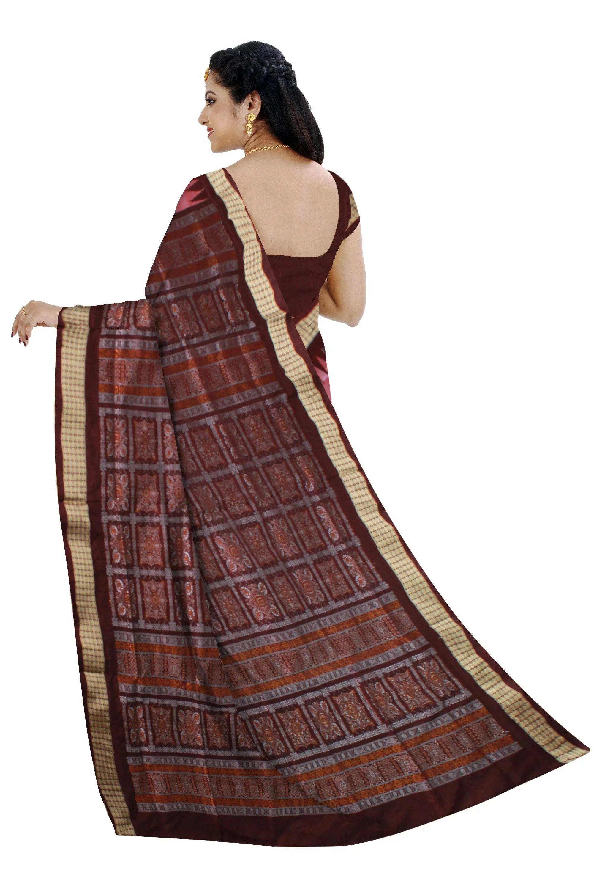 Sonepur pasapali pata saree in pink and coffee. - Koshali Arts & Crafts Enterprise