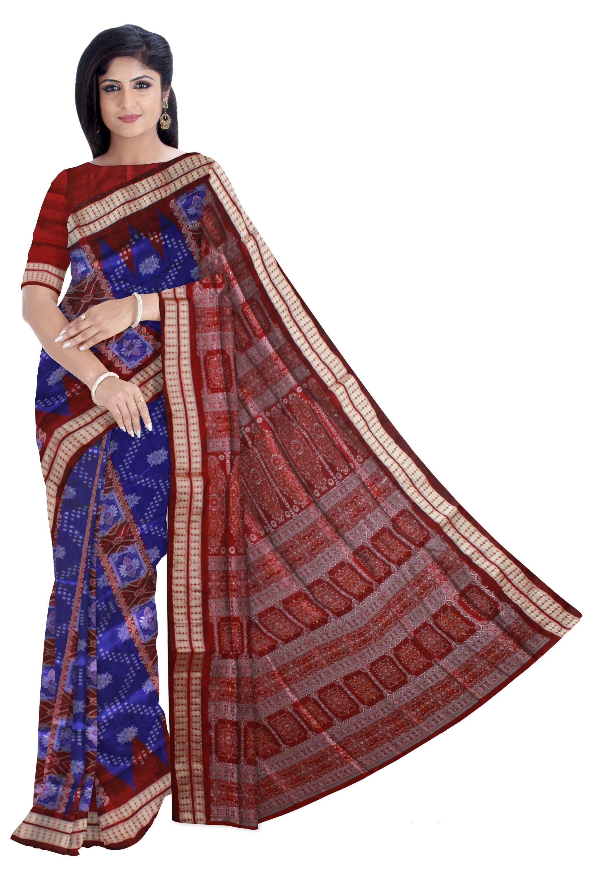 Blue & Brown color Bomkei pata saree with blouse piece. - Koshali Arts & Crafts Enterprise