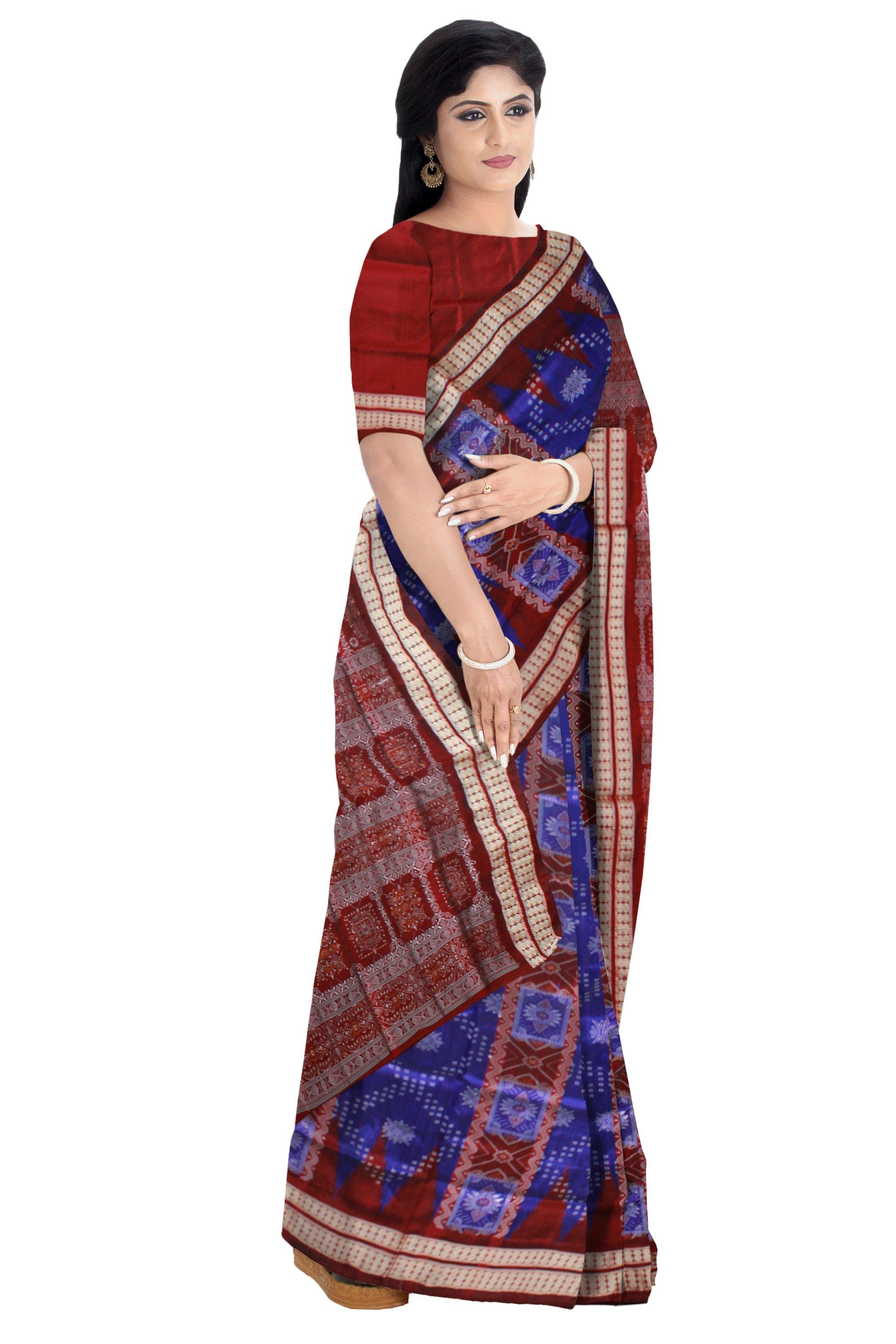 Blue & Brown color Bomkei pata saree with blouse piece. - Koshali Arts & Crafts Enterprise