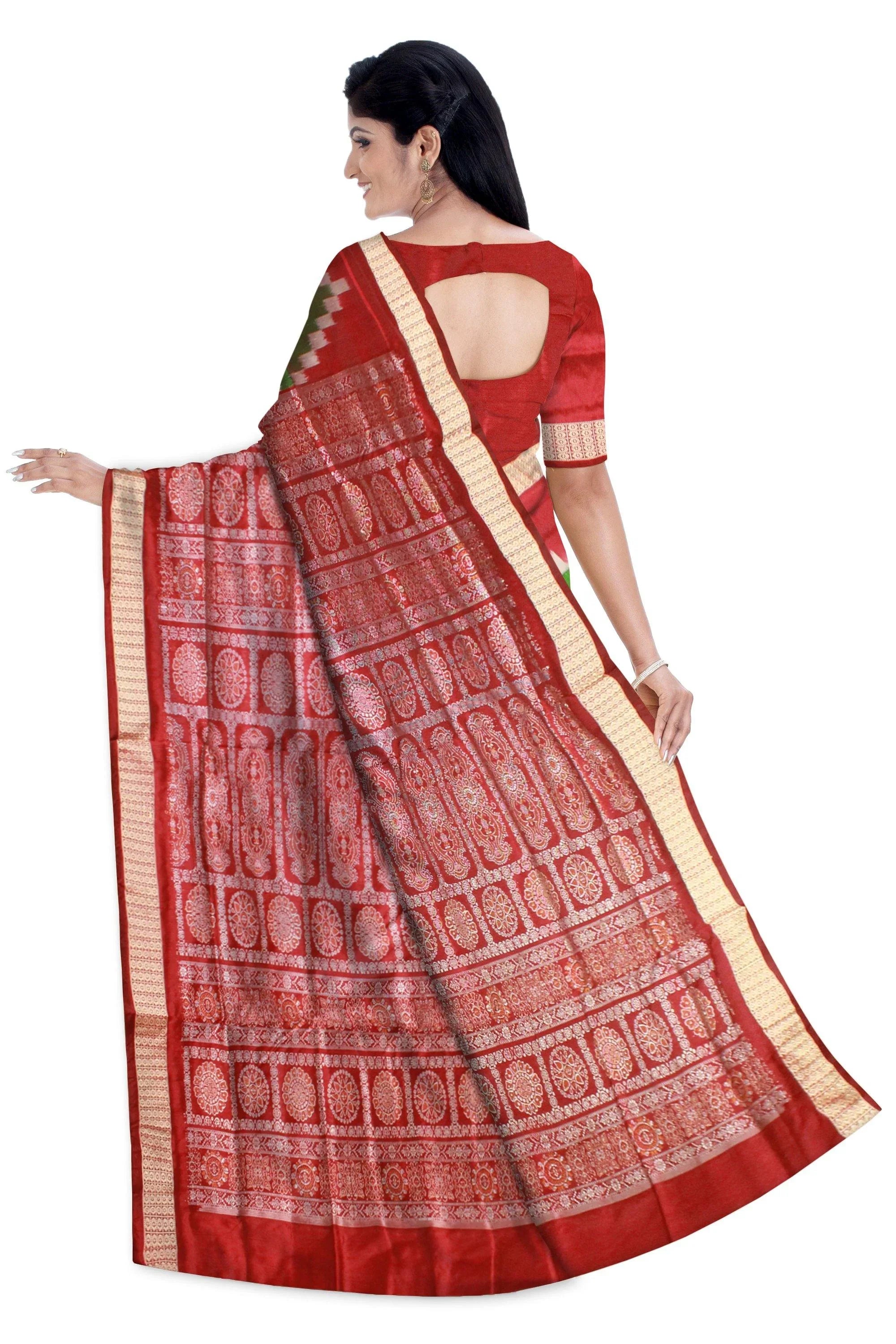Green color Sapta pattern Sambalpuri Pata saree with blouse piece. - Koshali Arts & Crafts Enterprise