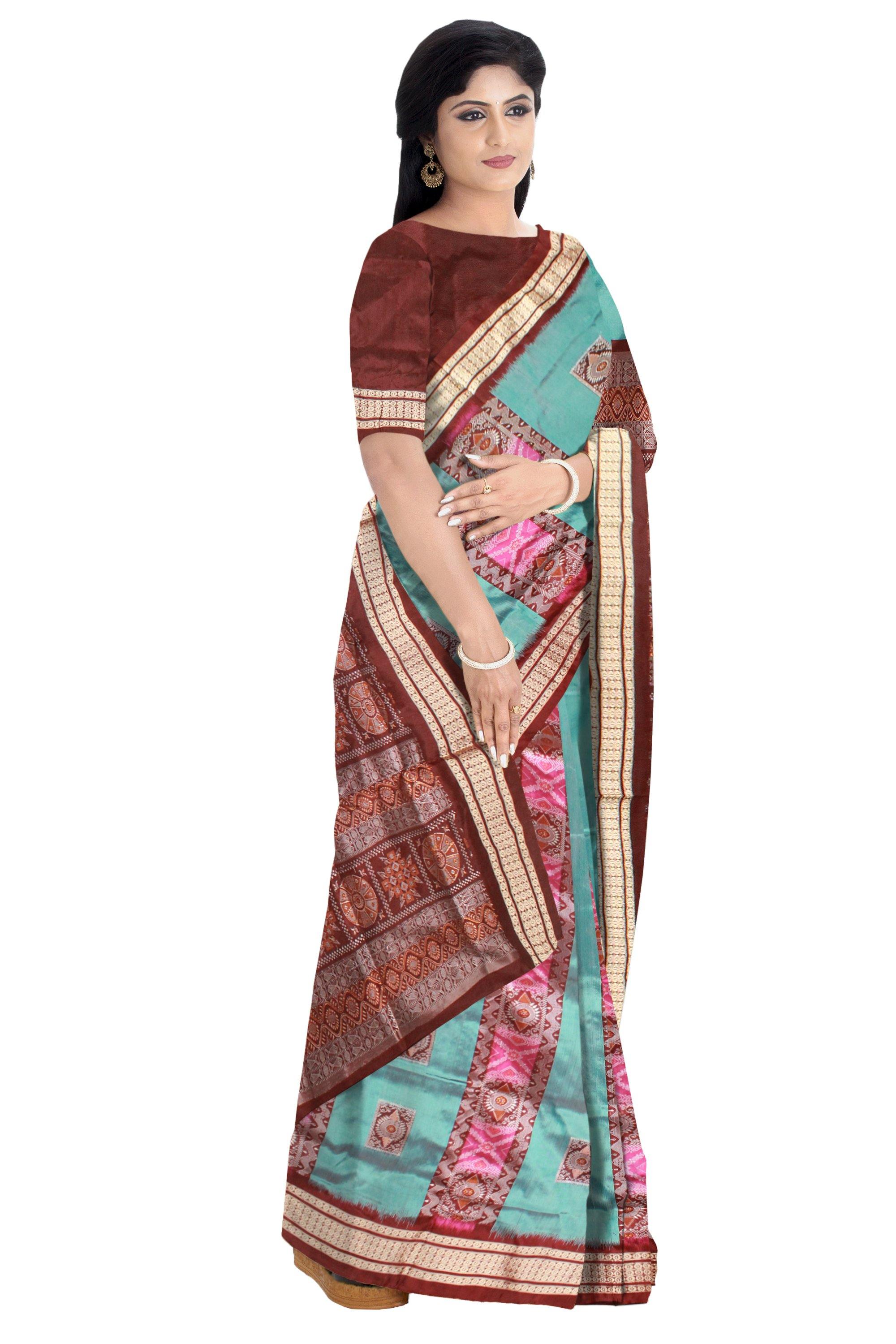 Aqua color Sambalpuri Pata saree with pink lining with blouse piece - Koshali Arts & Crafts Enterprise