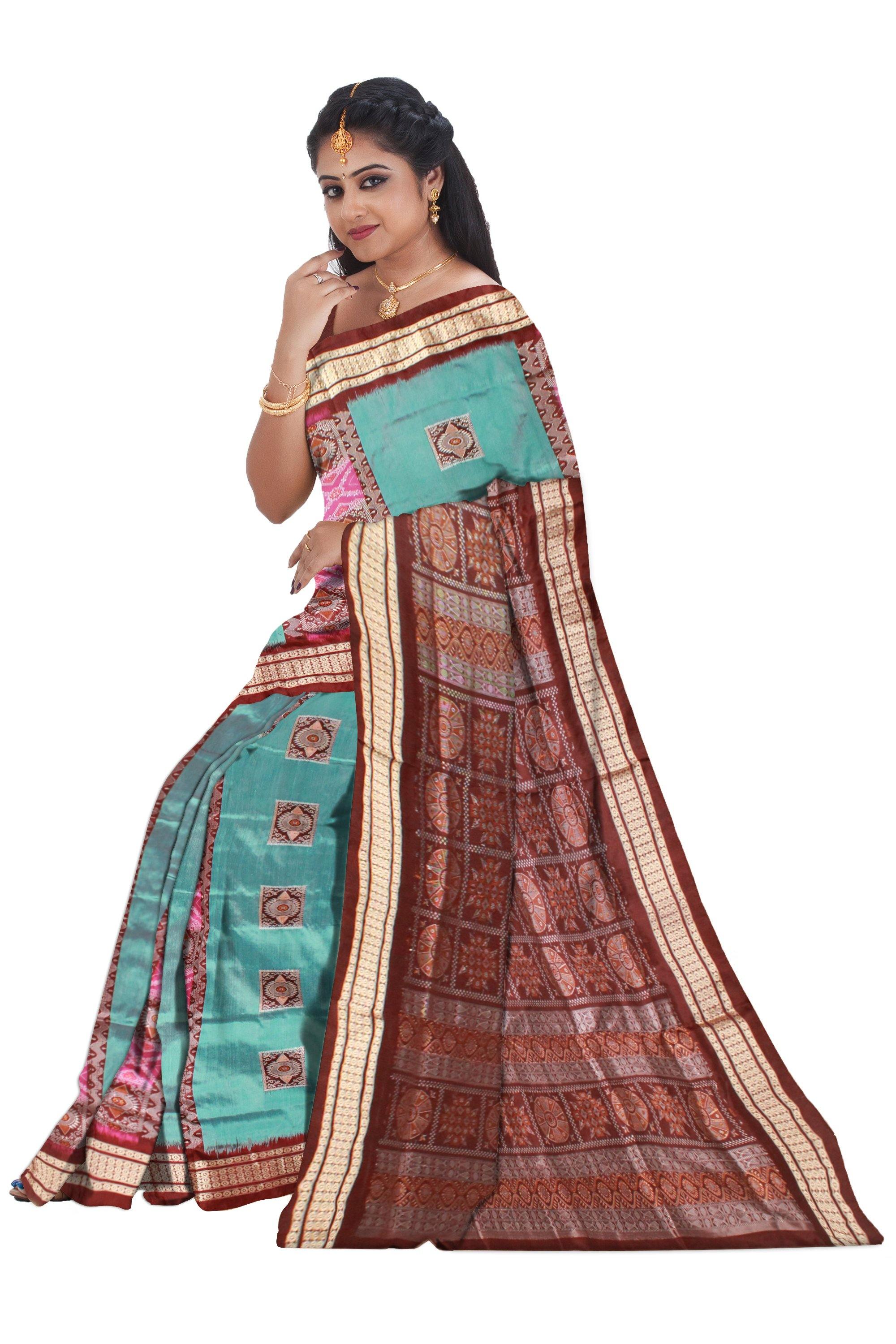 Aqua color Sambalpuri Pata saree with pink lining with blouse piece - Koshali Arts & Crafts Enterprise
