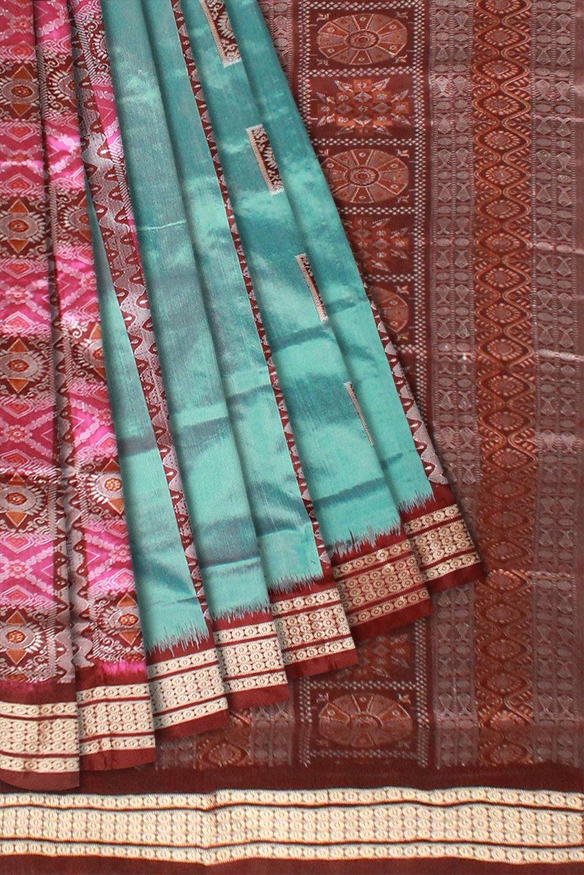 Aqua color Sambalpuri Pata saree with pink lining with blouse piece - Koshali Arts & Crafts Enterprise