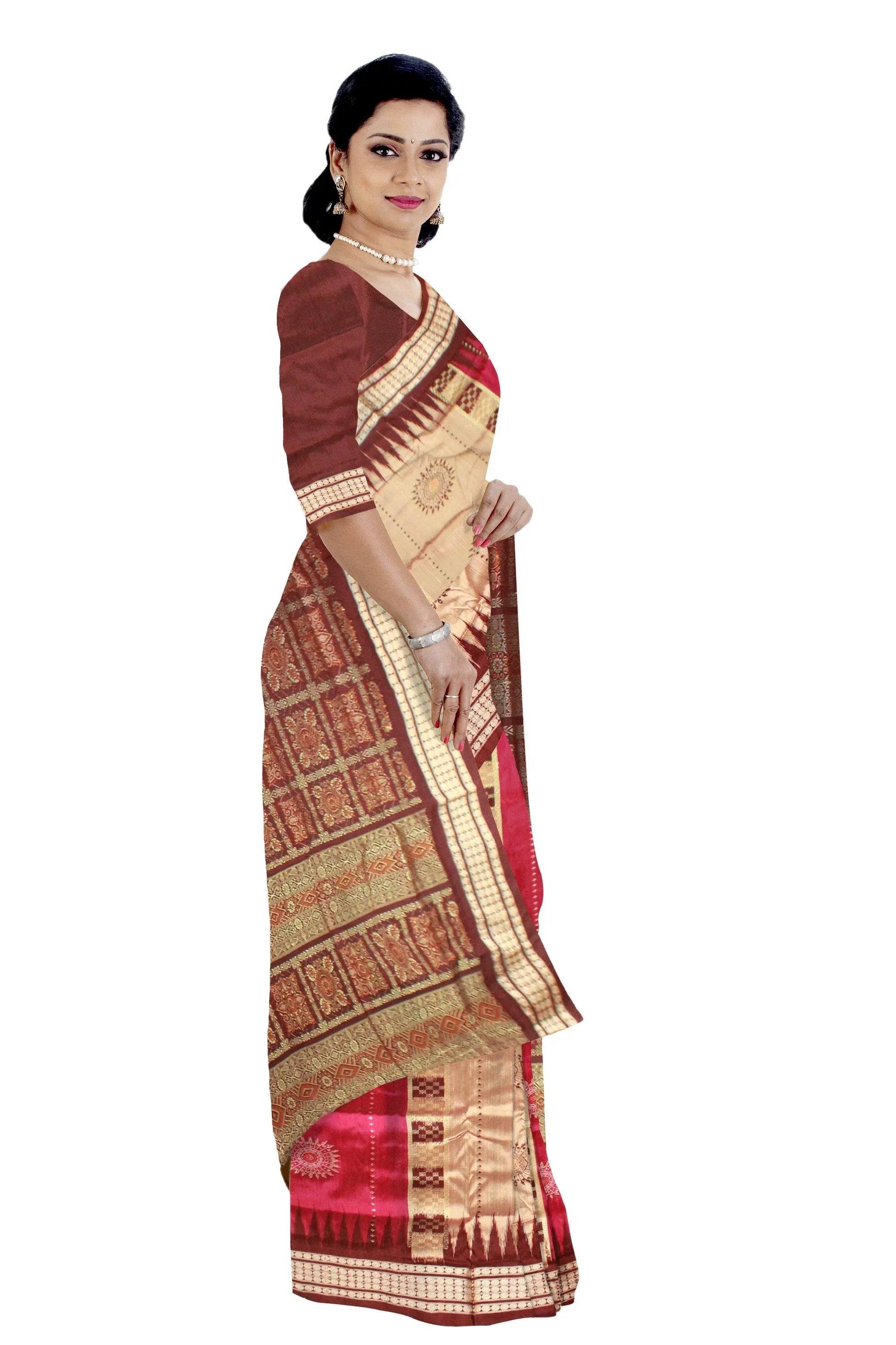 Maroon & Peach color Bomkei Pata saree with Pasapali lining, with blouse piece. - Koshali Arts & Crafts Enterprise